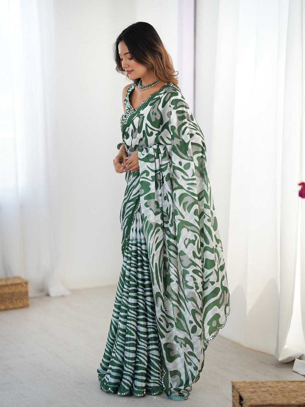 Green Chinon Digital Printed Saree with Mirror Lace Border
