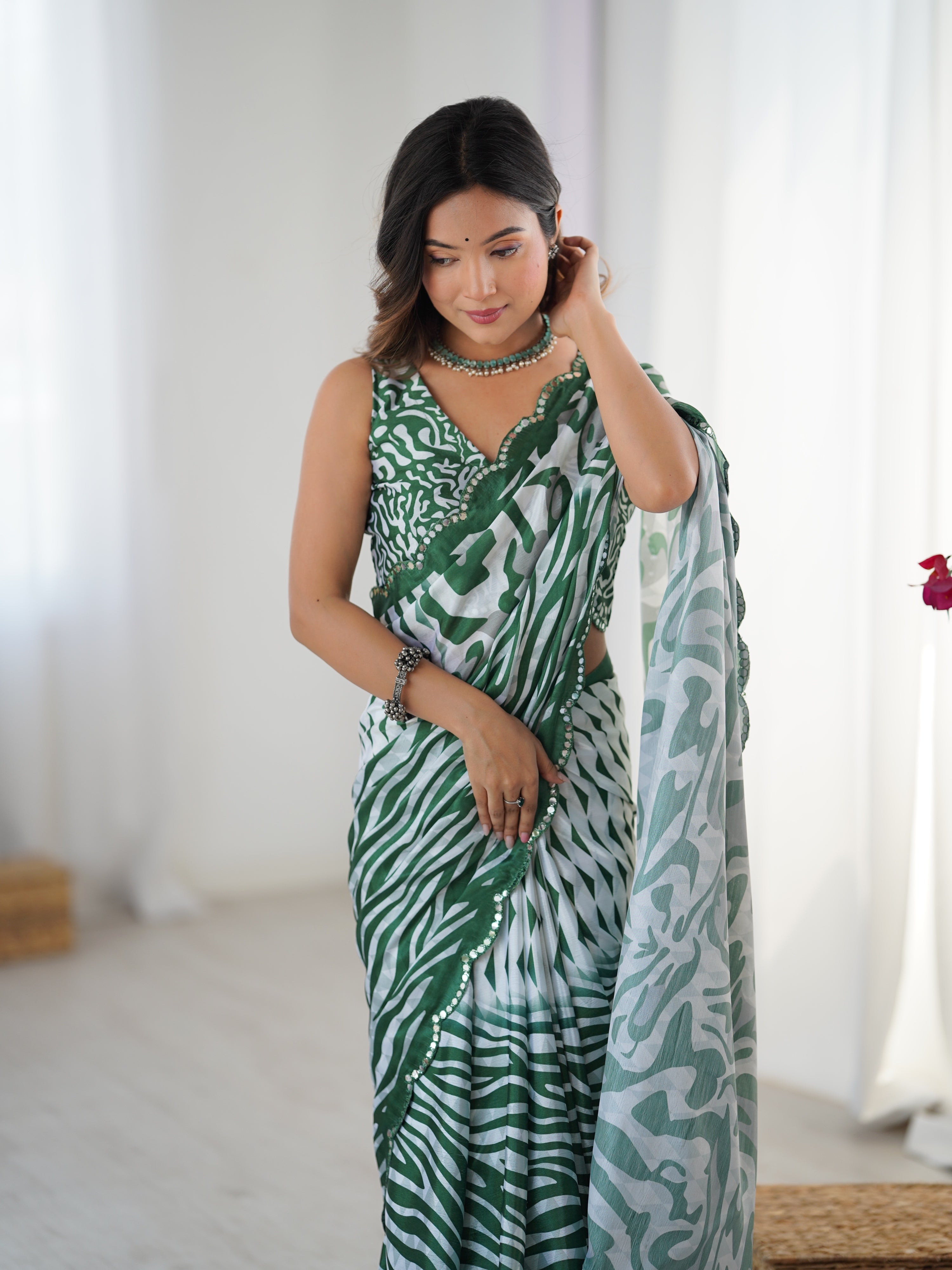 Green Chinon Digital Printed Saree with Mirror Lace Border