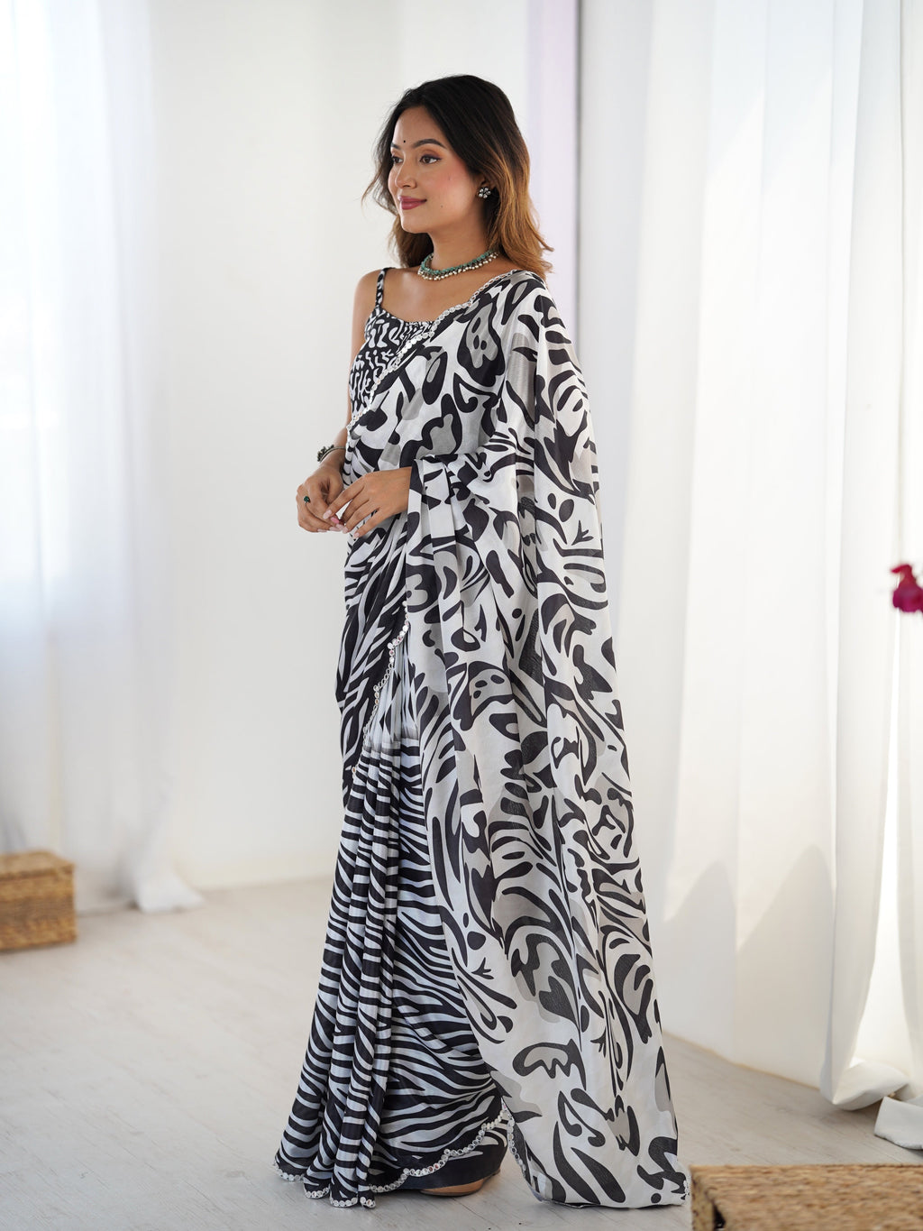 Black Chinon Digital Printed Saree with Mirror Lace Border