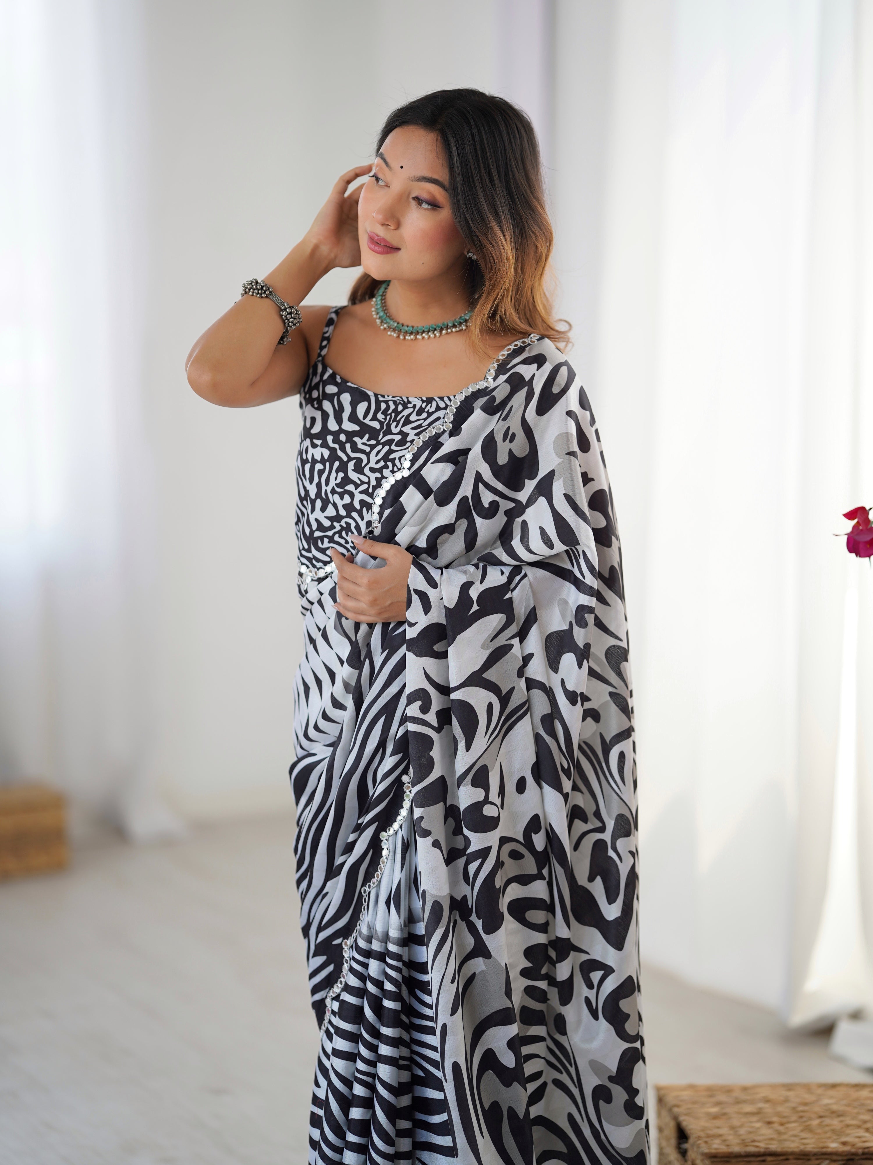 Black Chinon Digital Printed Saree with Mirror Lace Border