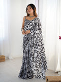 Black Chinon Digital Printed Saree with Mirror Lace Border