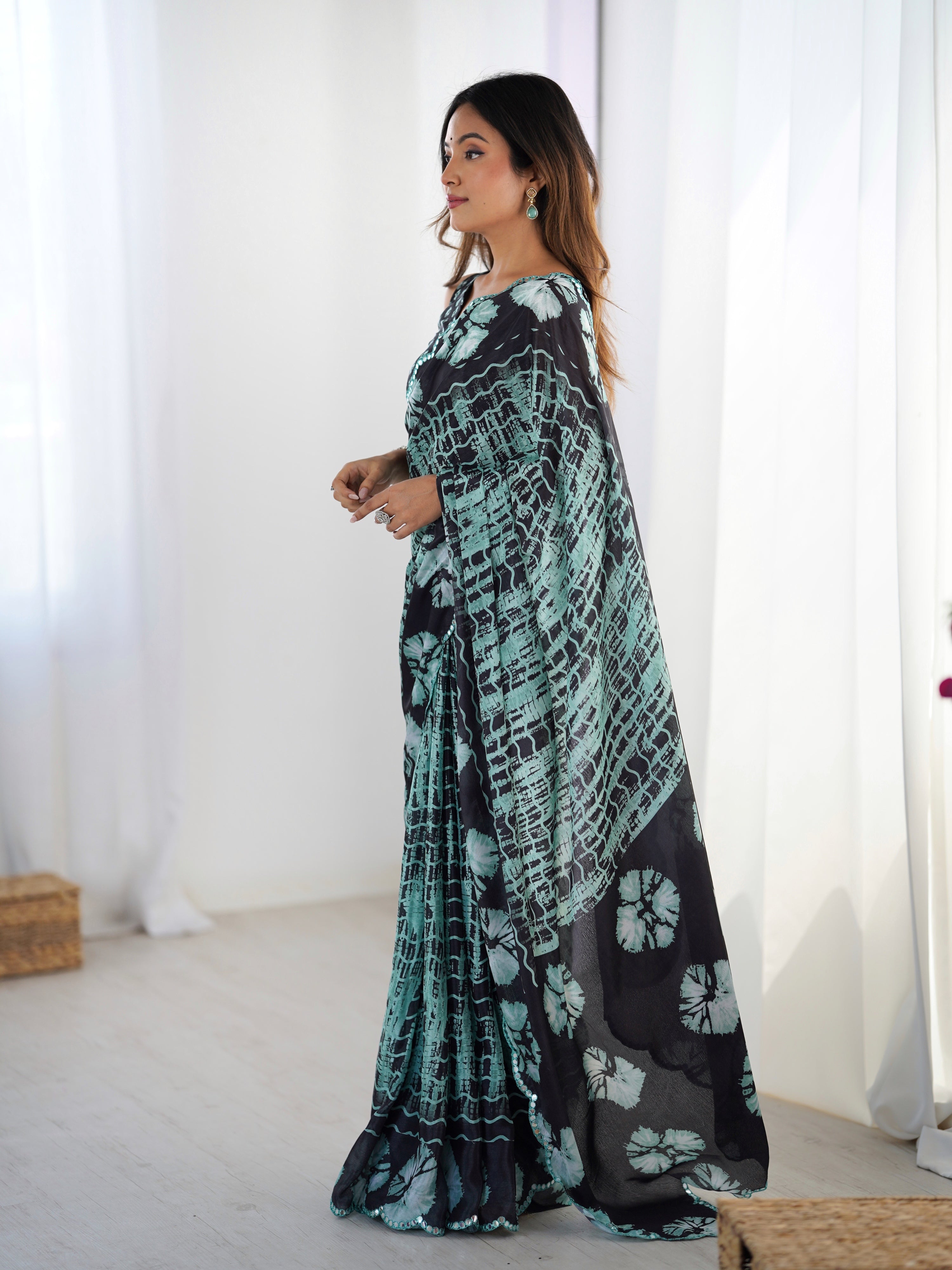 Sea Green Chinon Digital Printed Designer Saree with Mirror Lace