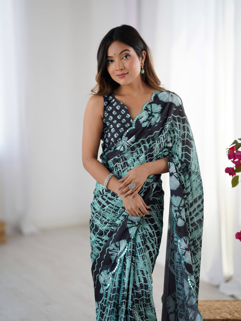 Sea Green Chinon Digital Printed Designer Saree with Mirror Lace