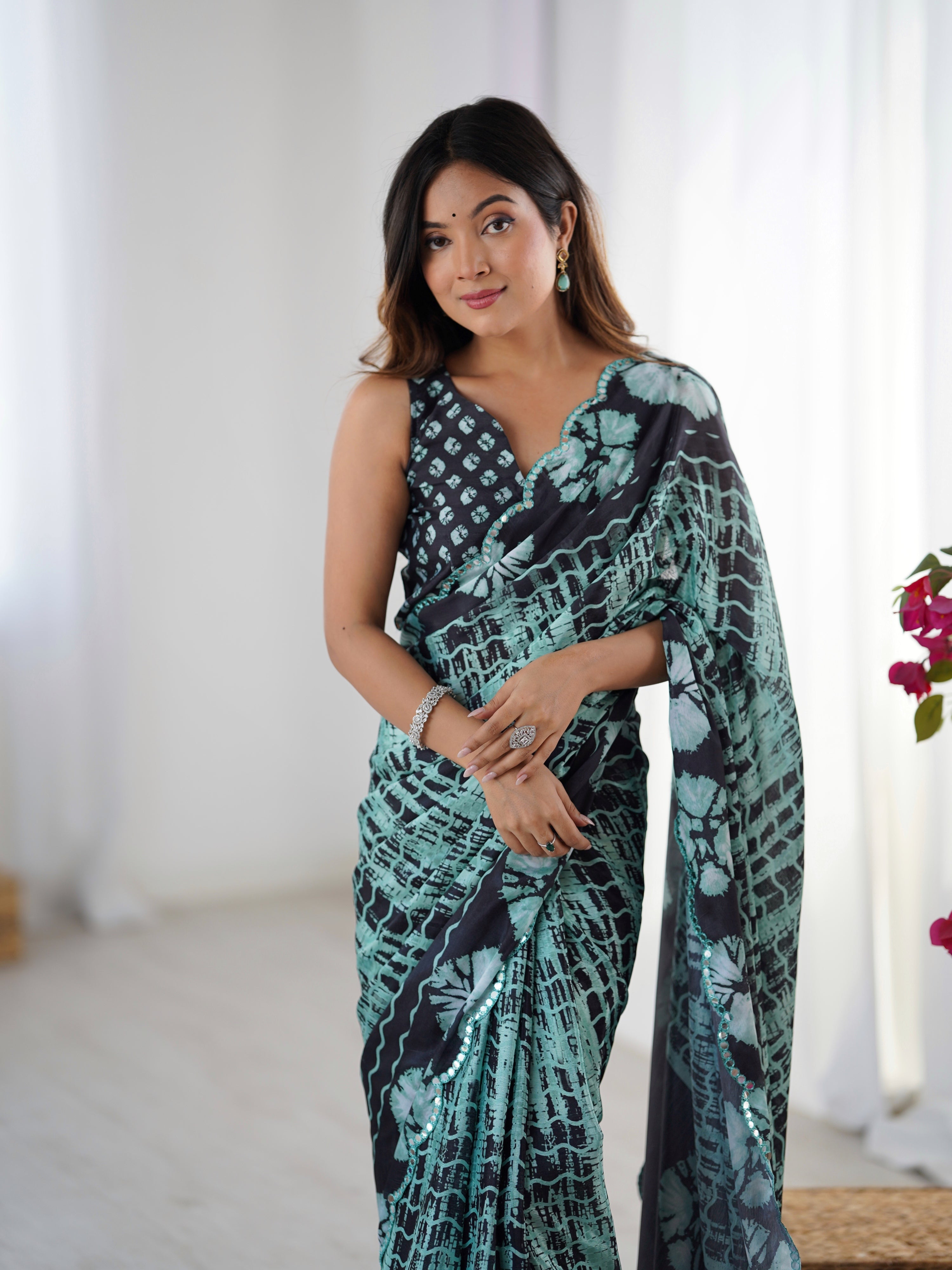 Sea Green Chinon Digital Printed Designer Saree with Mirror Lace
