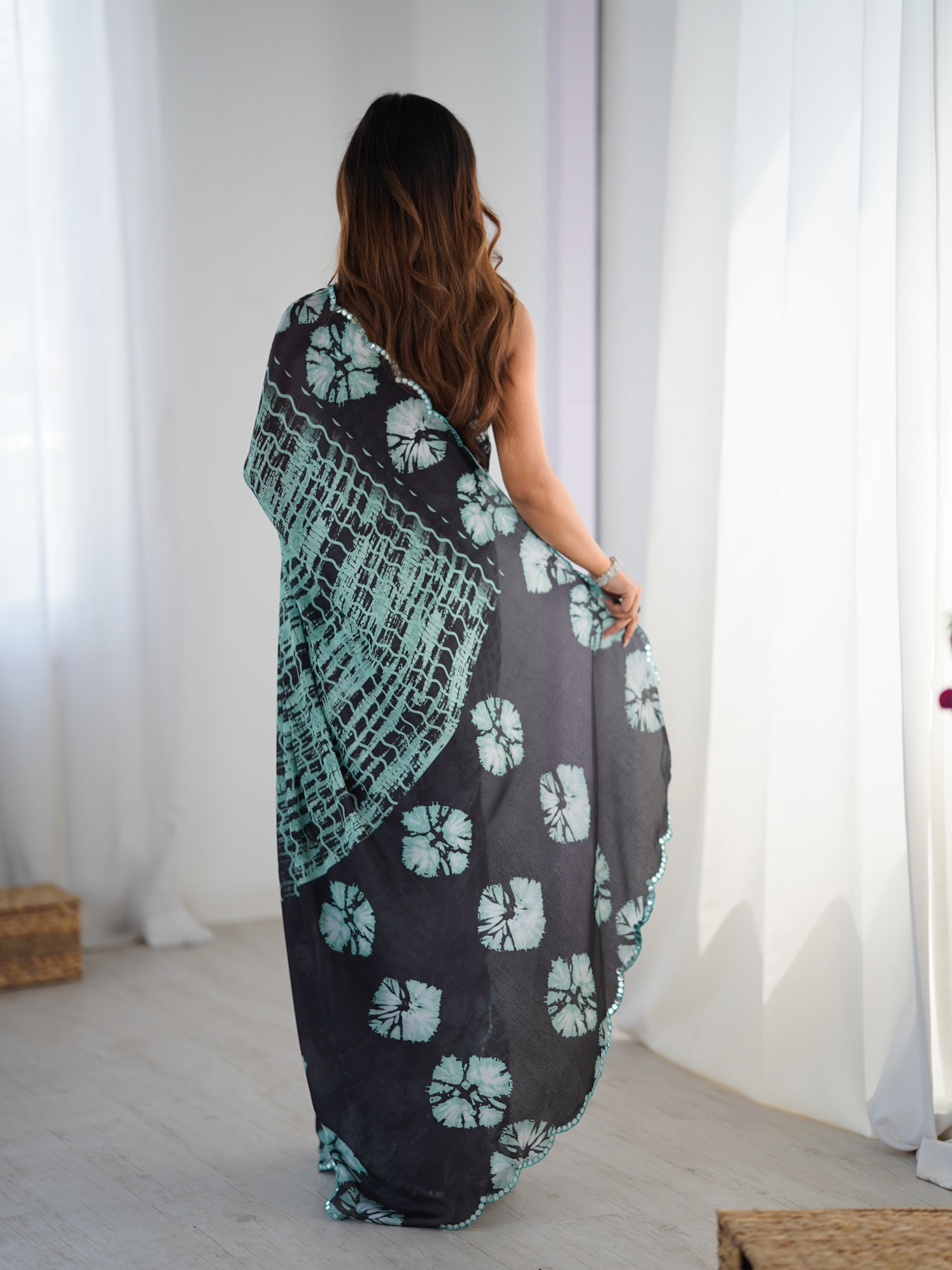 Sea Green Chinon Digital Printed Designer Saree with Mirror Lace