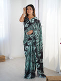 Sea Green Chinon digital print saree with mirror lace border