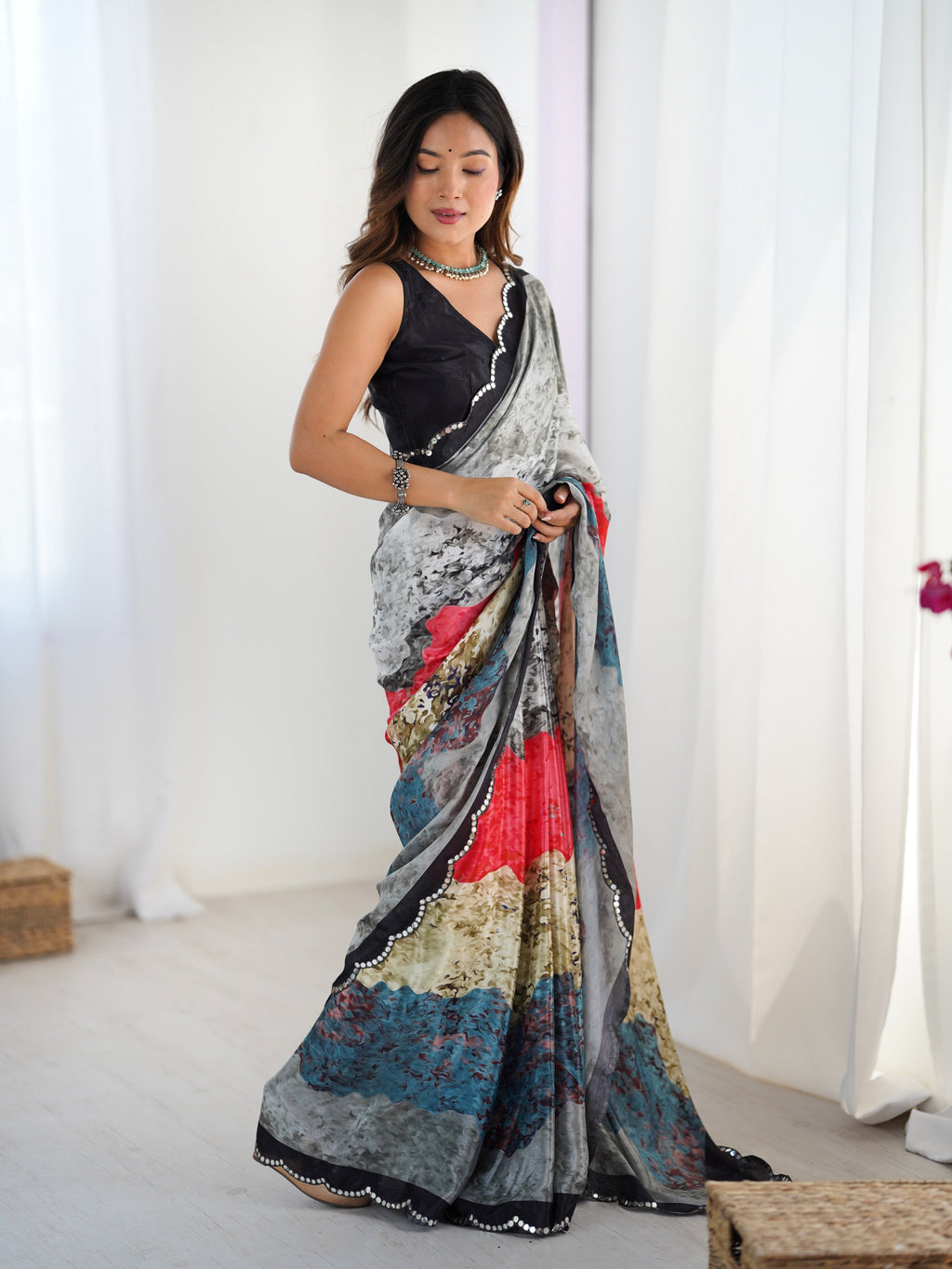 Multicolor Chinon Digital Printed Saree with Mirror Lace Border