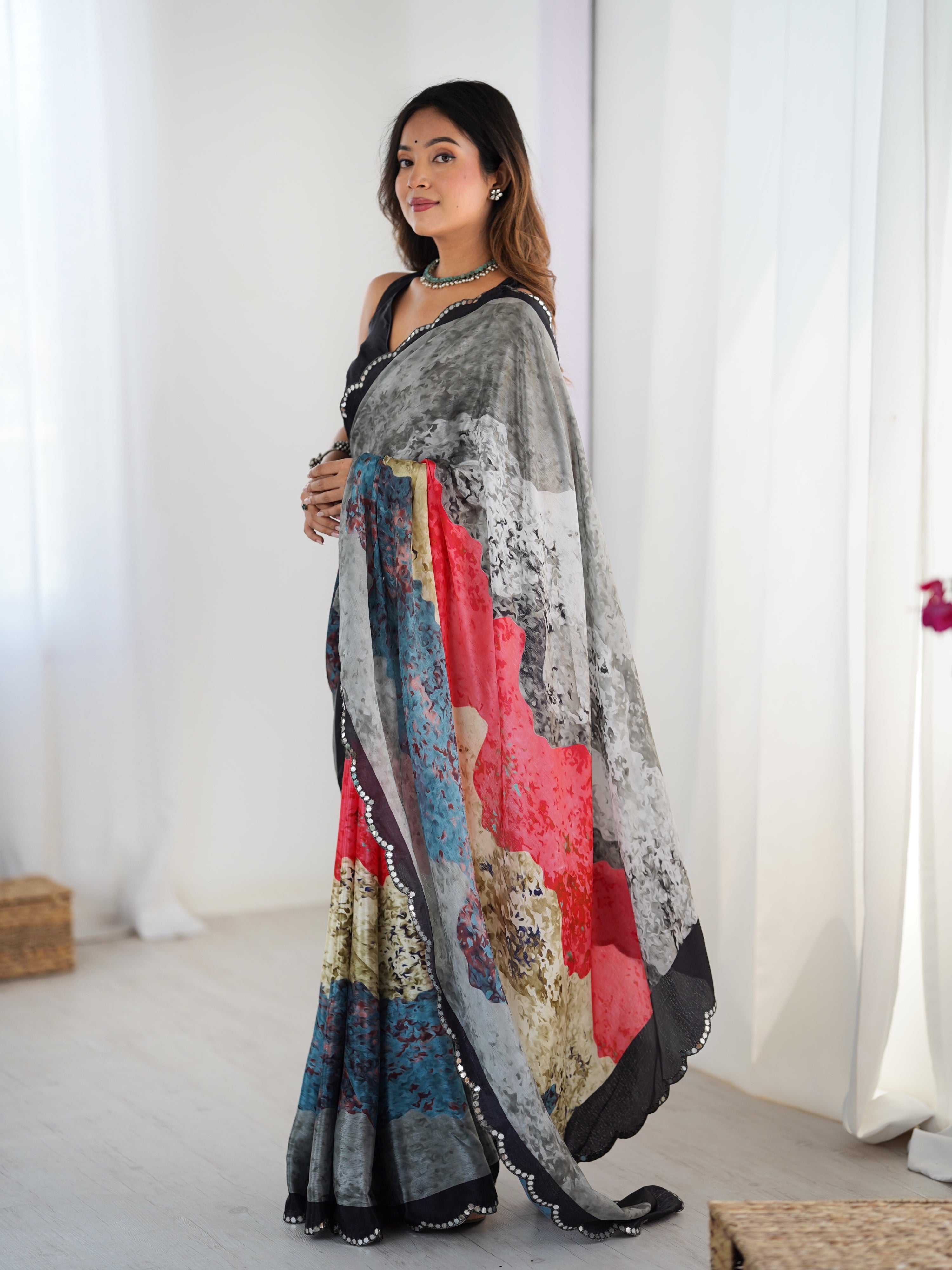 Multicolor Chinon Digital Printed Saree with Mirror Lace Border