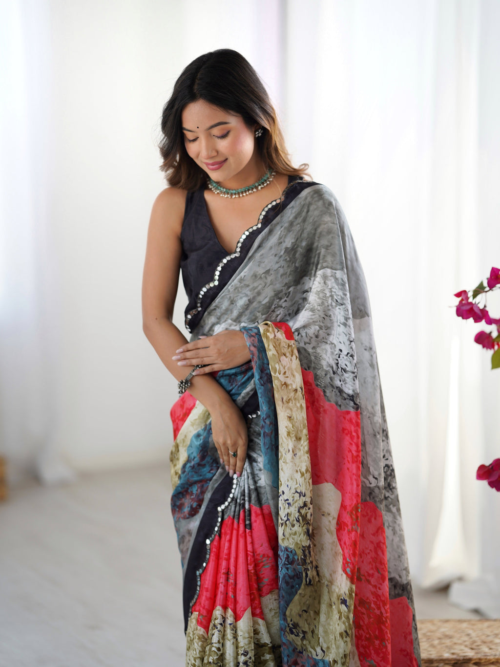 Multicolor Chinon Digital Printed Saree with Mirror Lace Border