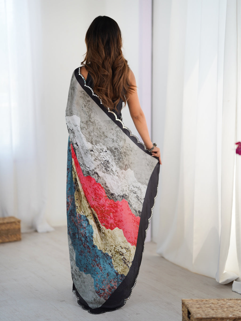 Multicolor Chinon Digital Printed Saree with Mirror Lace Border