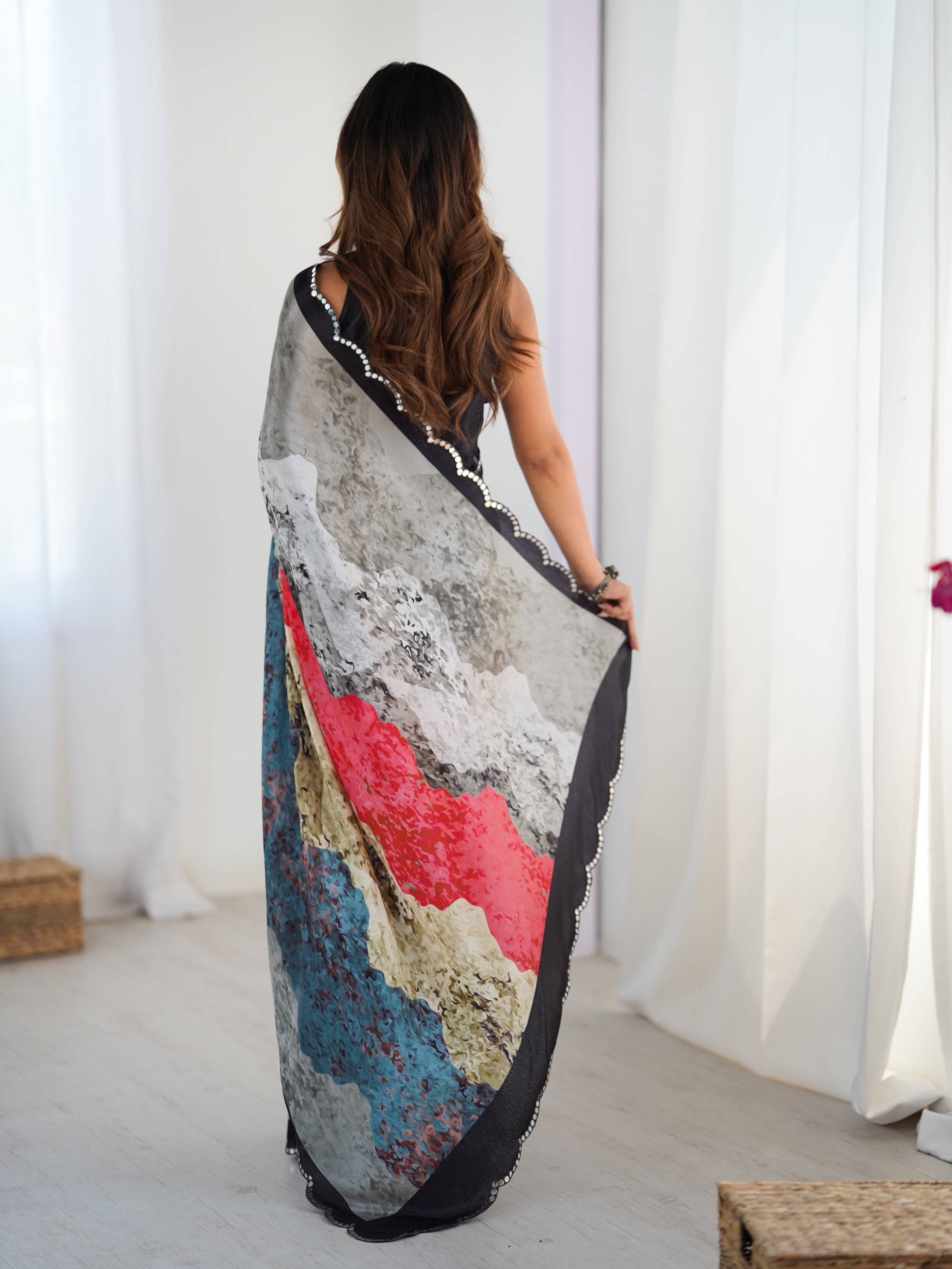 Multicolor Chinon Digital Printed Saree with Mirror Lace Border