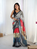 Multicolor digital printed Chinon saree with mirror lace border
