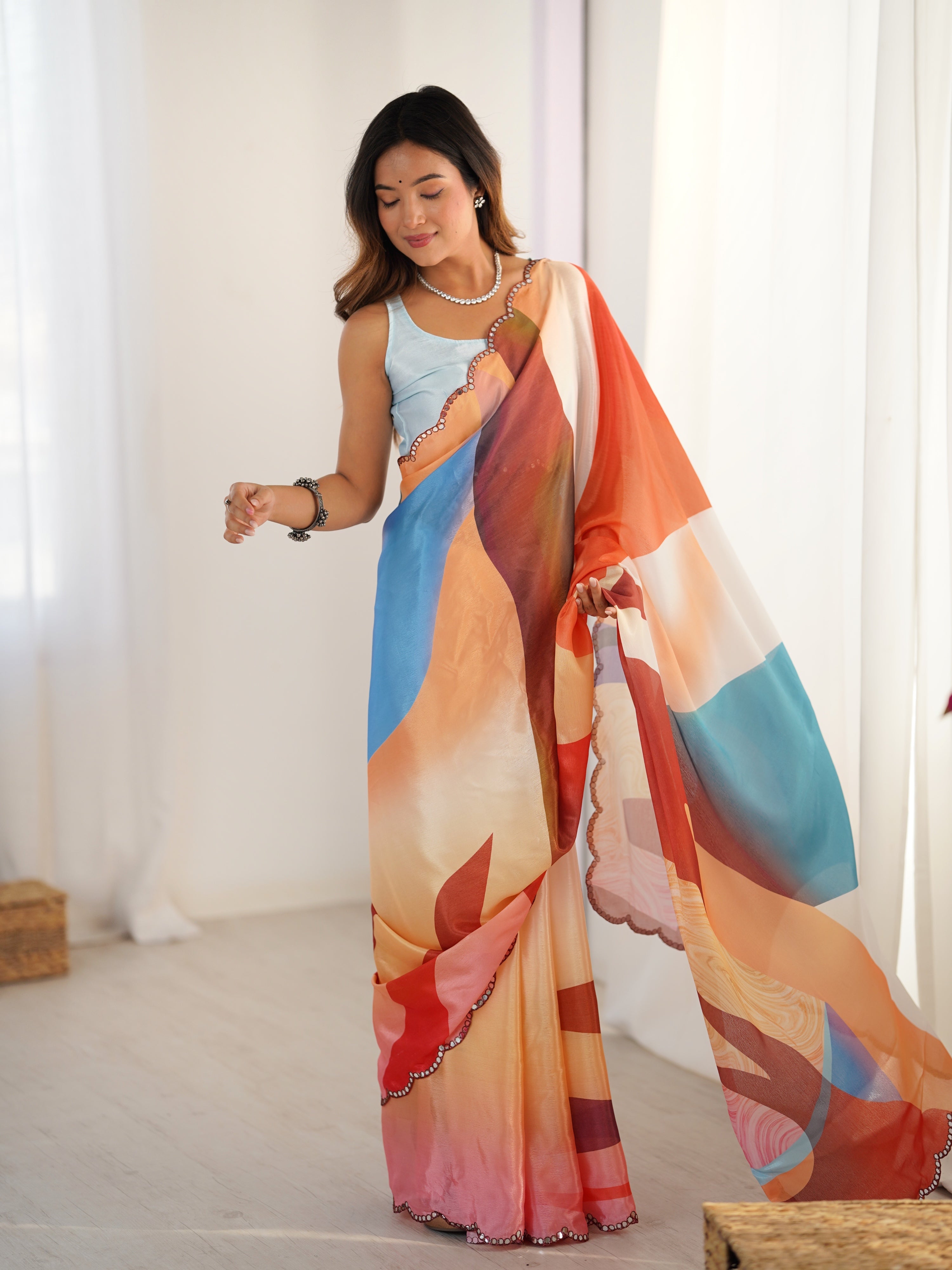 Multicolor Chinon saree with digital floral print and mirror lace trim