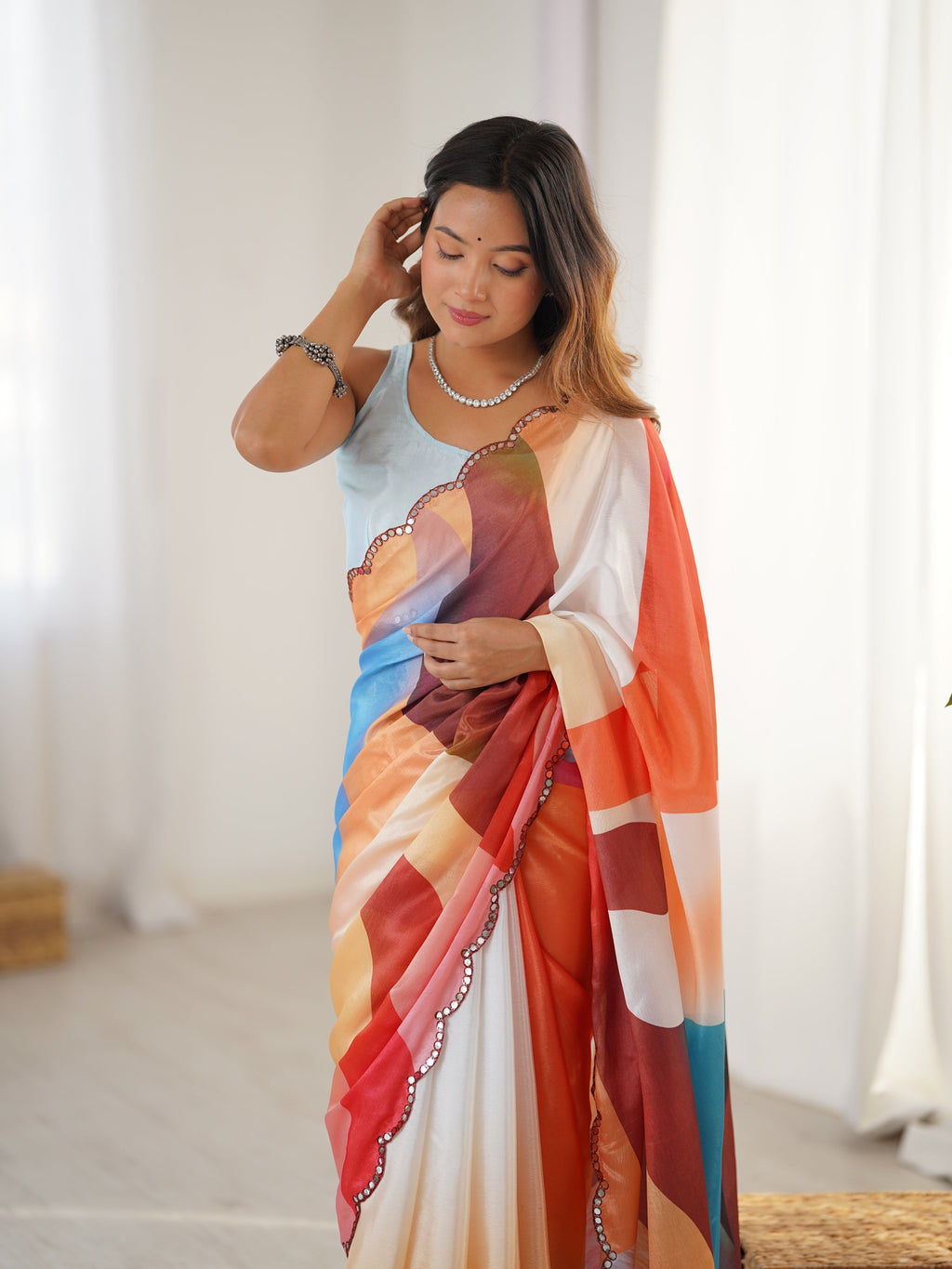 Multicolor Chinon Digital Printed Designer Saree with Mirror Lace