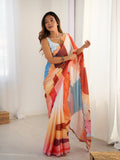 Multicolor Chinon Digital Printed Designer Saree with Mirror Lace