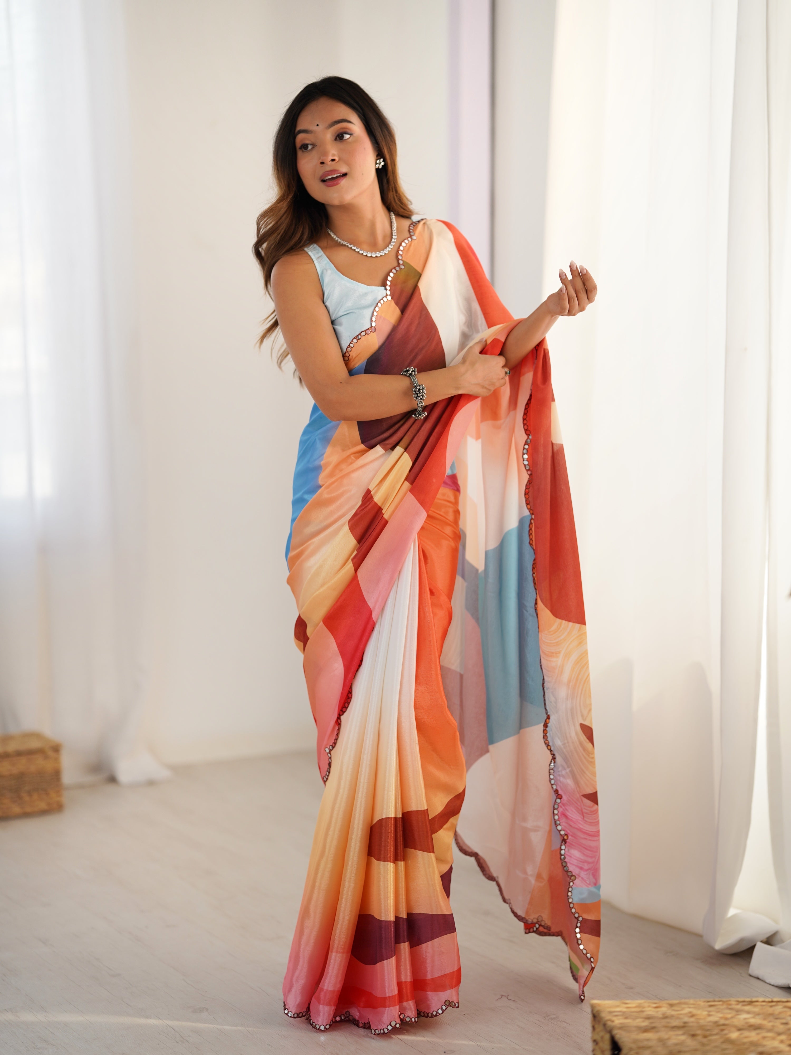 Multicolor Chinon Digital Printed Designer Saree with Mirror Lace