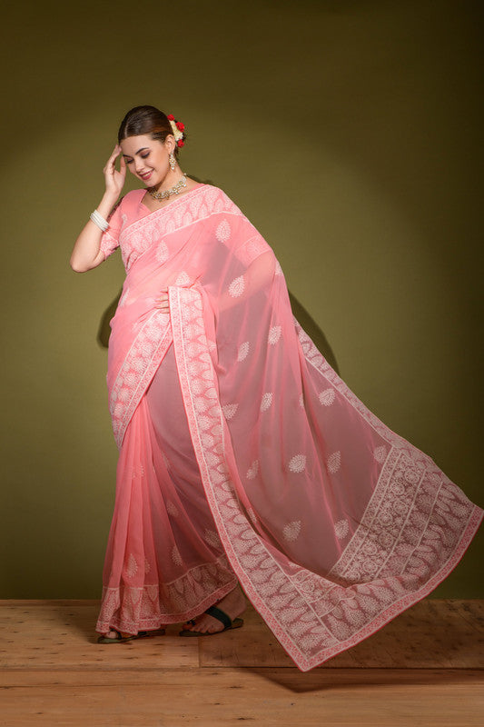 Pink Lakhnavi Thread Work Georgette Saree with Blouse