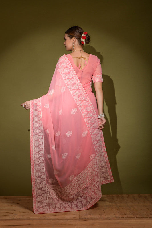 Pink Lakhnavi Thread Work Georgette Saree with Blouse