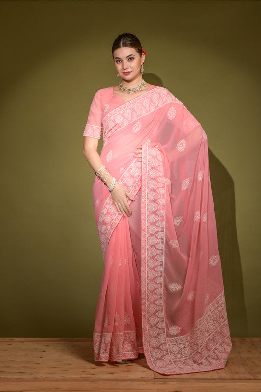 Pink georgette saree featuring delicate Lakhnavi thread embroidery
