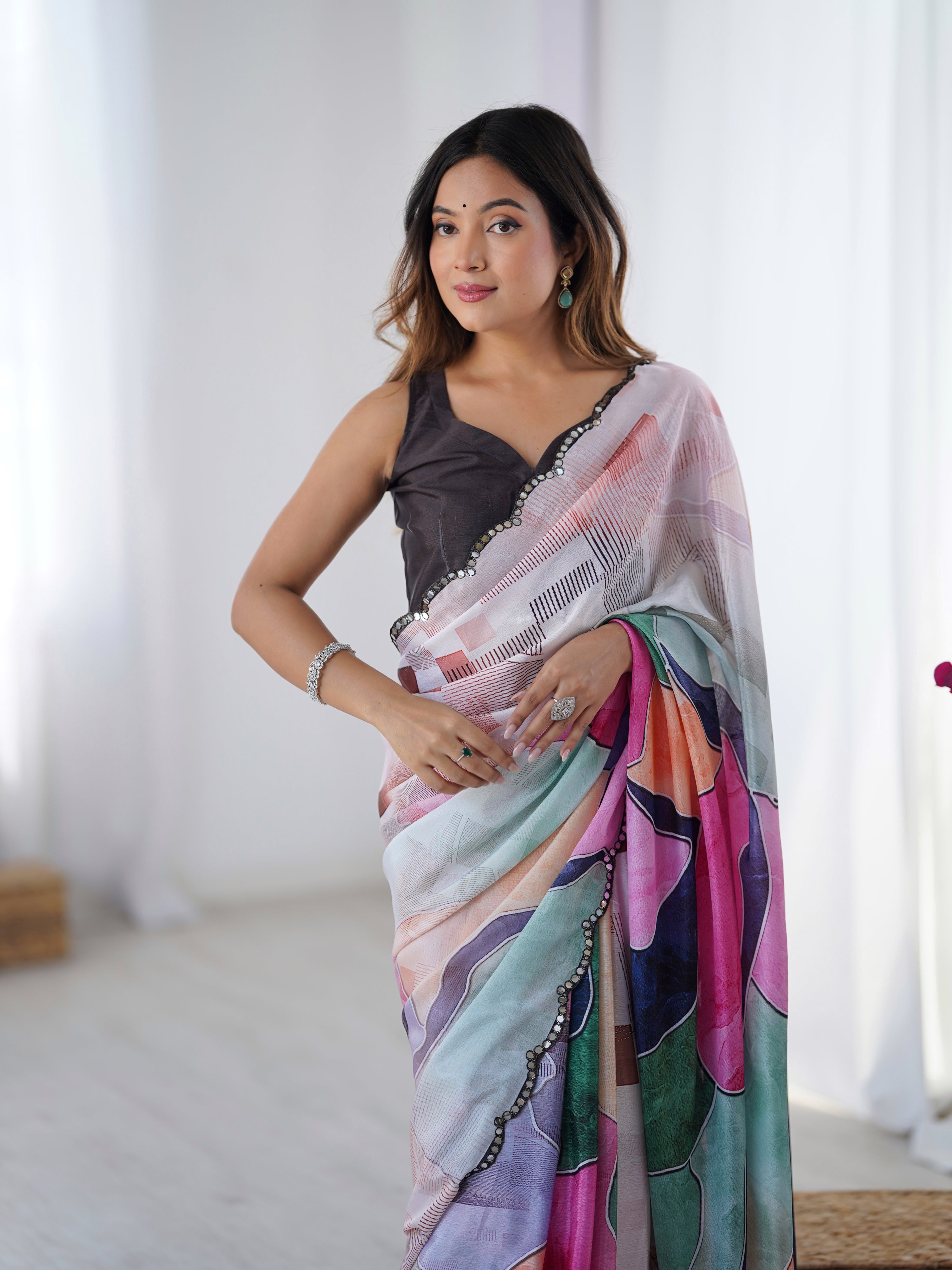 Multicolor Chinon Digital Printed Designer Saree with Mirror Border