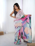 Multicolor Chinon digital printed designer saree with mirror border