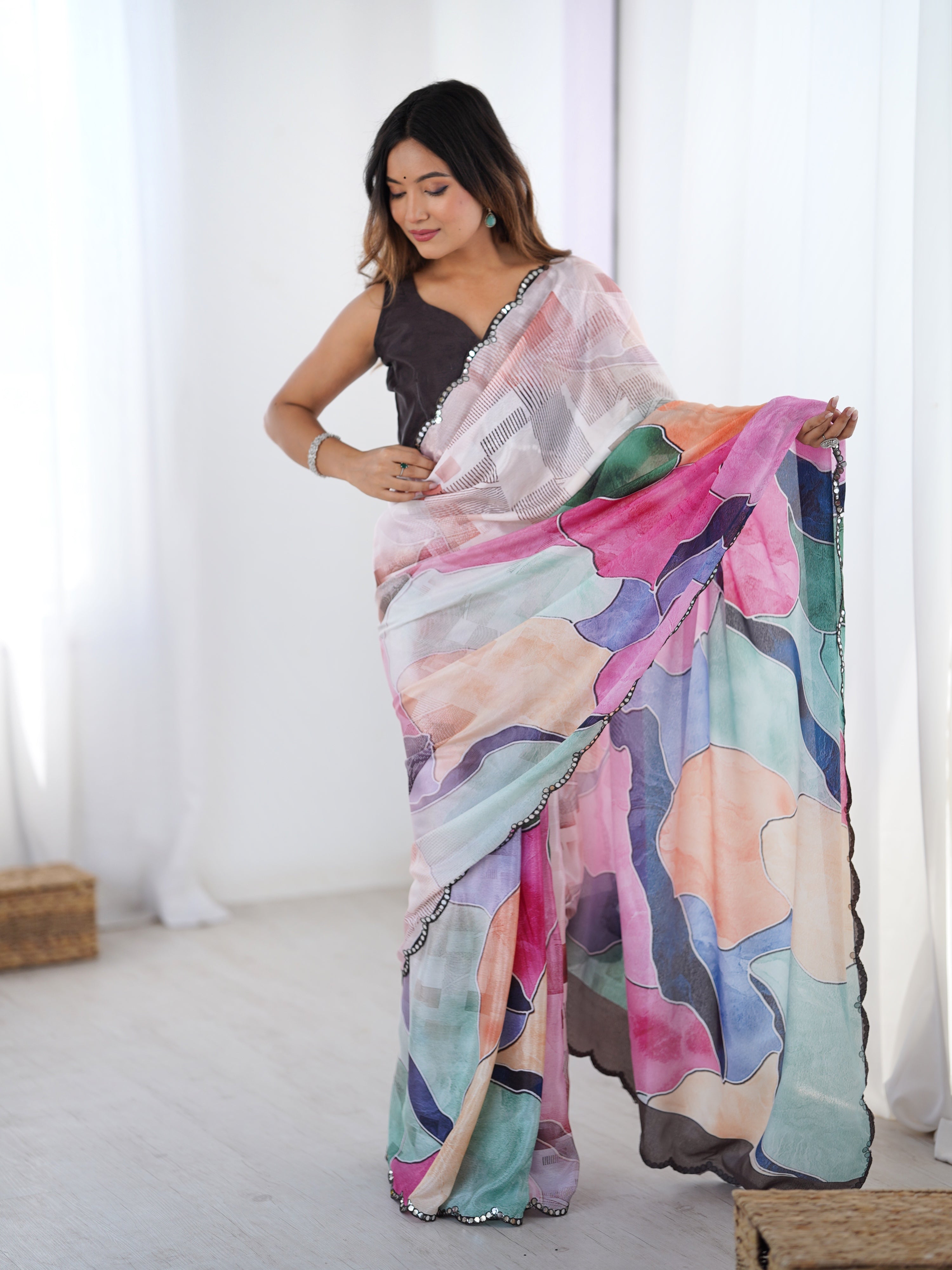 Multicolor Chinon digital printed designer saree with mirror border