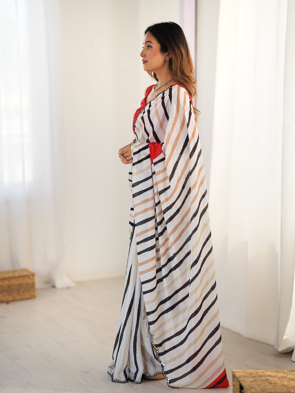 Off White Chinon Digital Printed Designer Saree with Mirror Lace