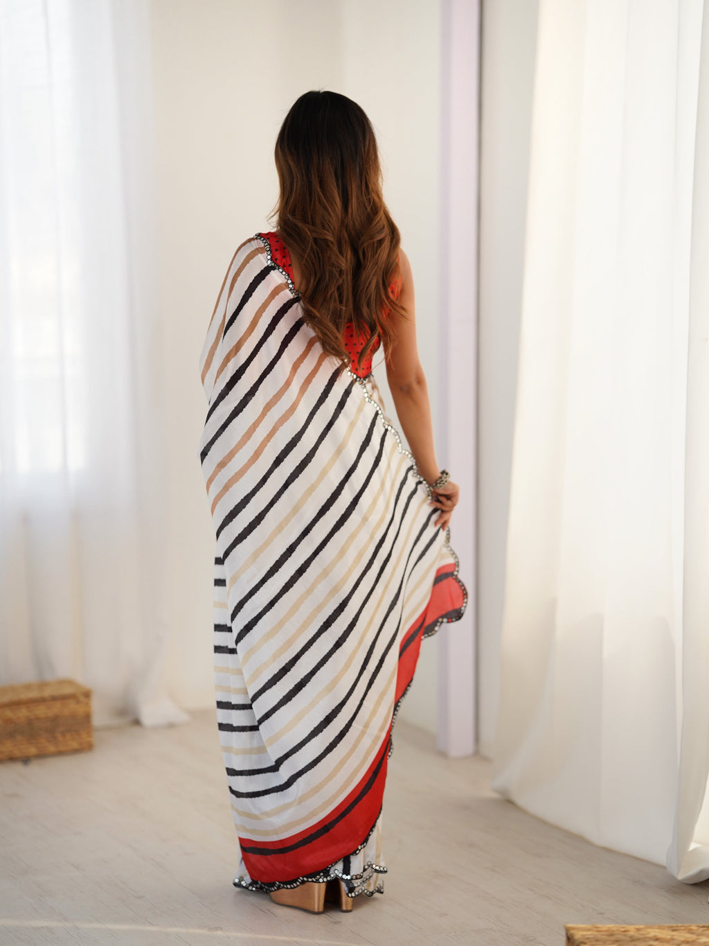 Off White Chinon Digital Printed Designer Saree with Mirror Lace