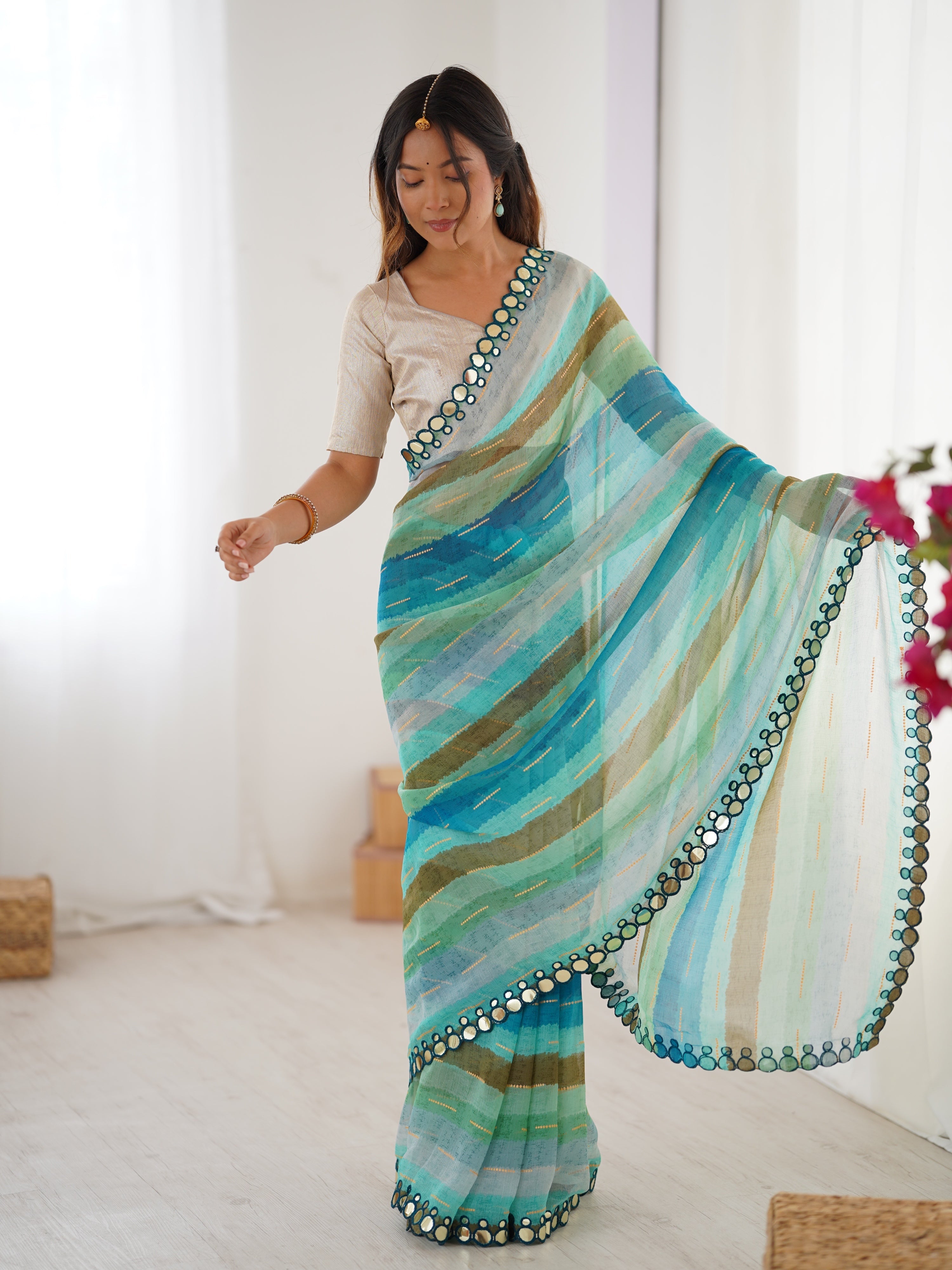 Sky Blue Chinon Leriya Zari Printed Saree with Paper Mirror