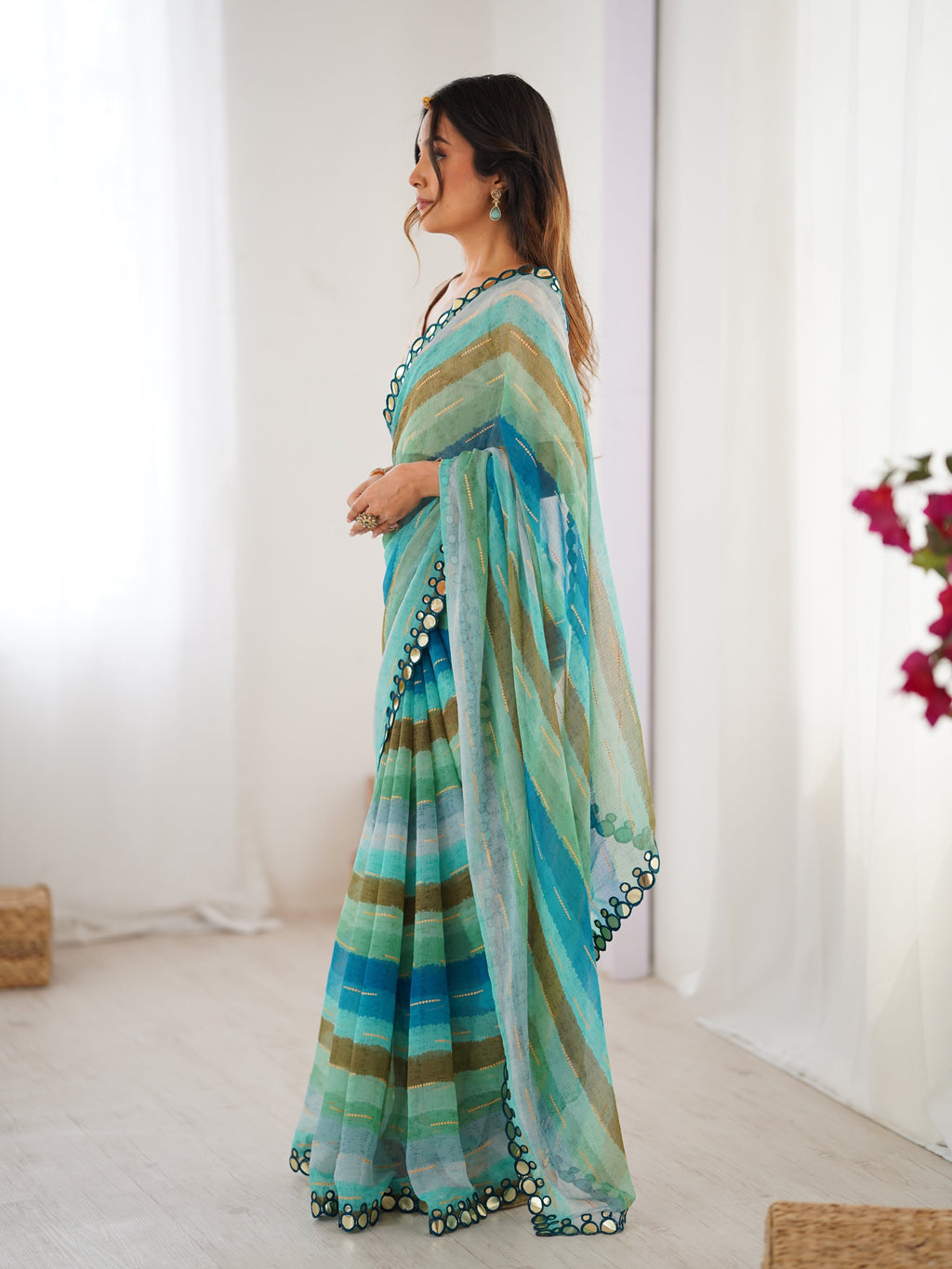 Sky Blue Chinon Leriya Zari Printed Saree with Paper Mirror