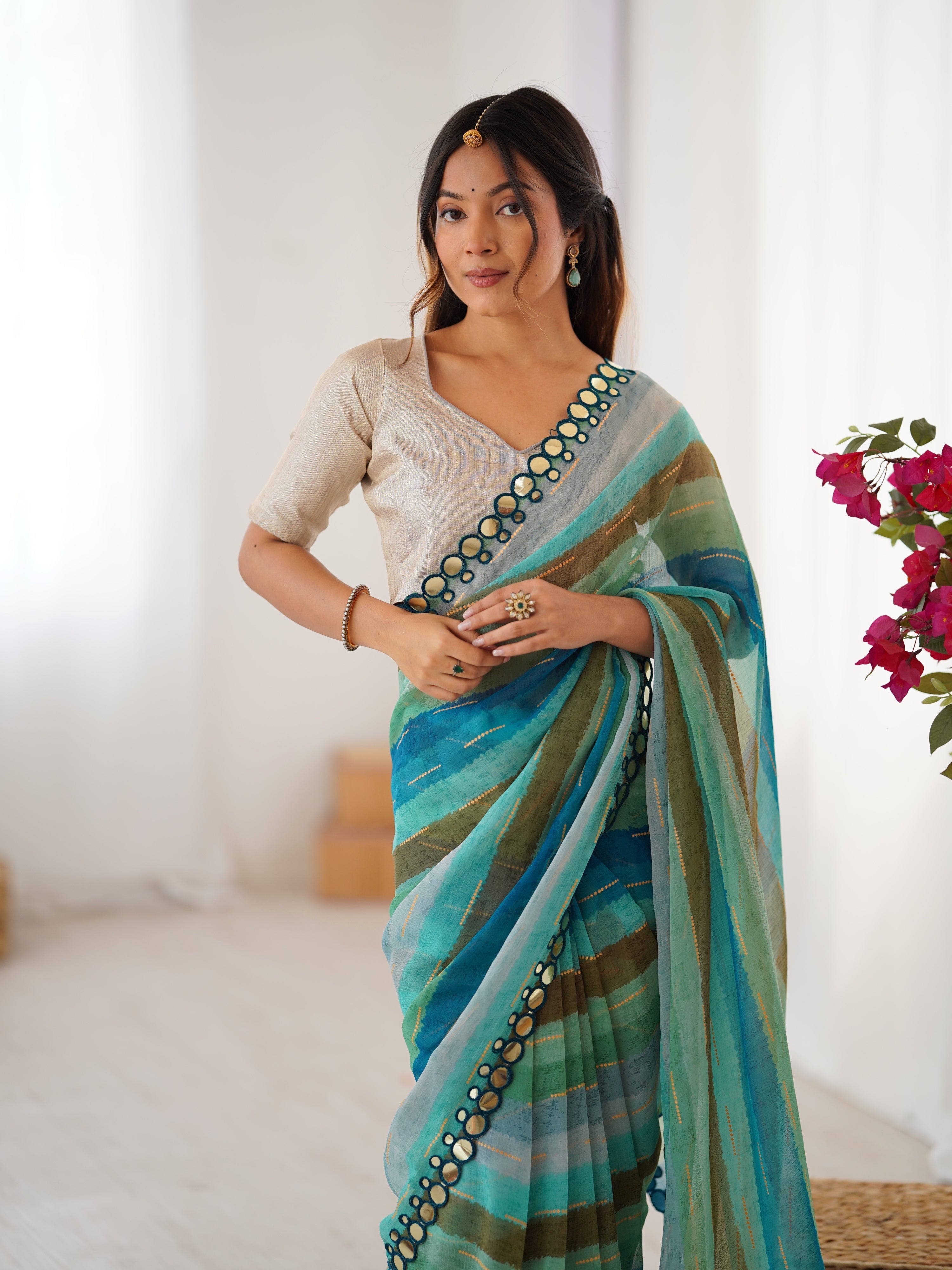 Sky Blue Chinon Leriya Zari Printed Saree with Paper Mirror