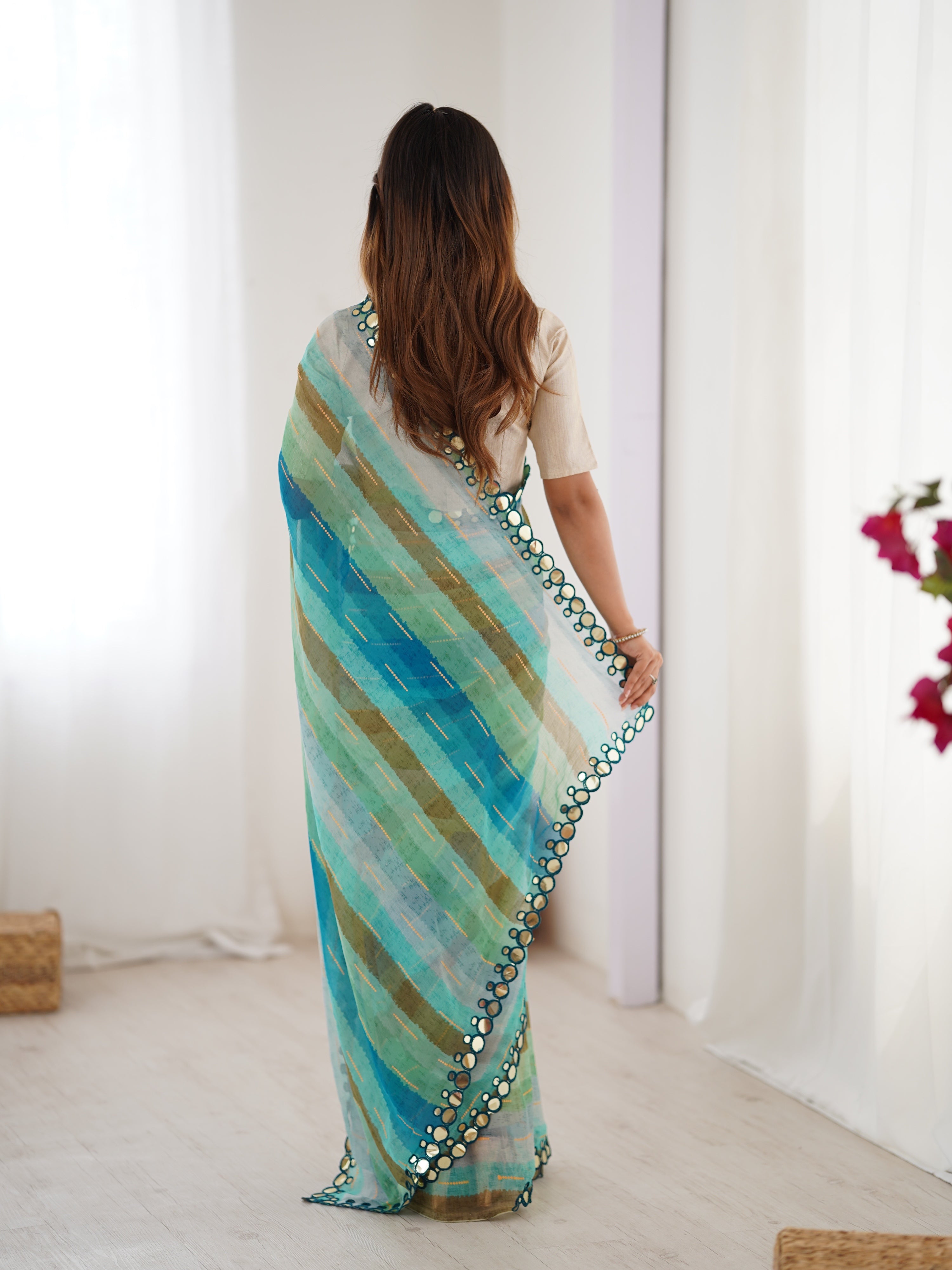 Sky Blue Chinon Leriya Zari Printed Saree with Paper Mirror