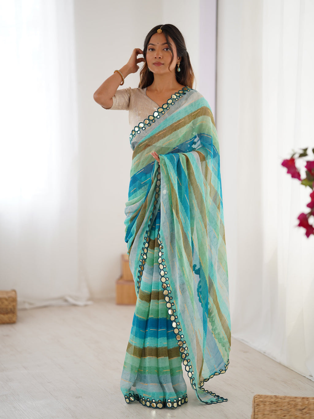 Sky blue Chiffon Leriya Zari printed saree with paper mirror border
