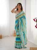 Sky blue Chiffon Leriya Zari printed saree with paper mirror border