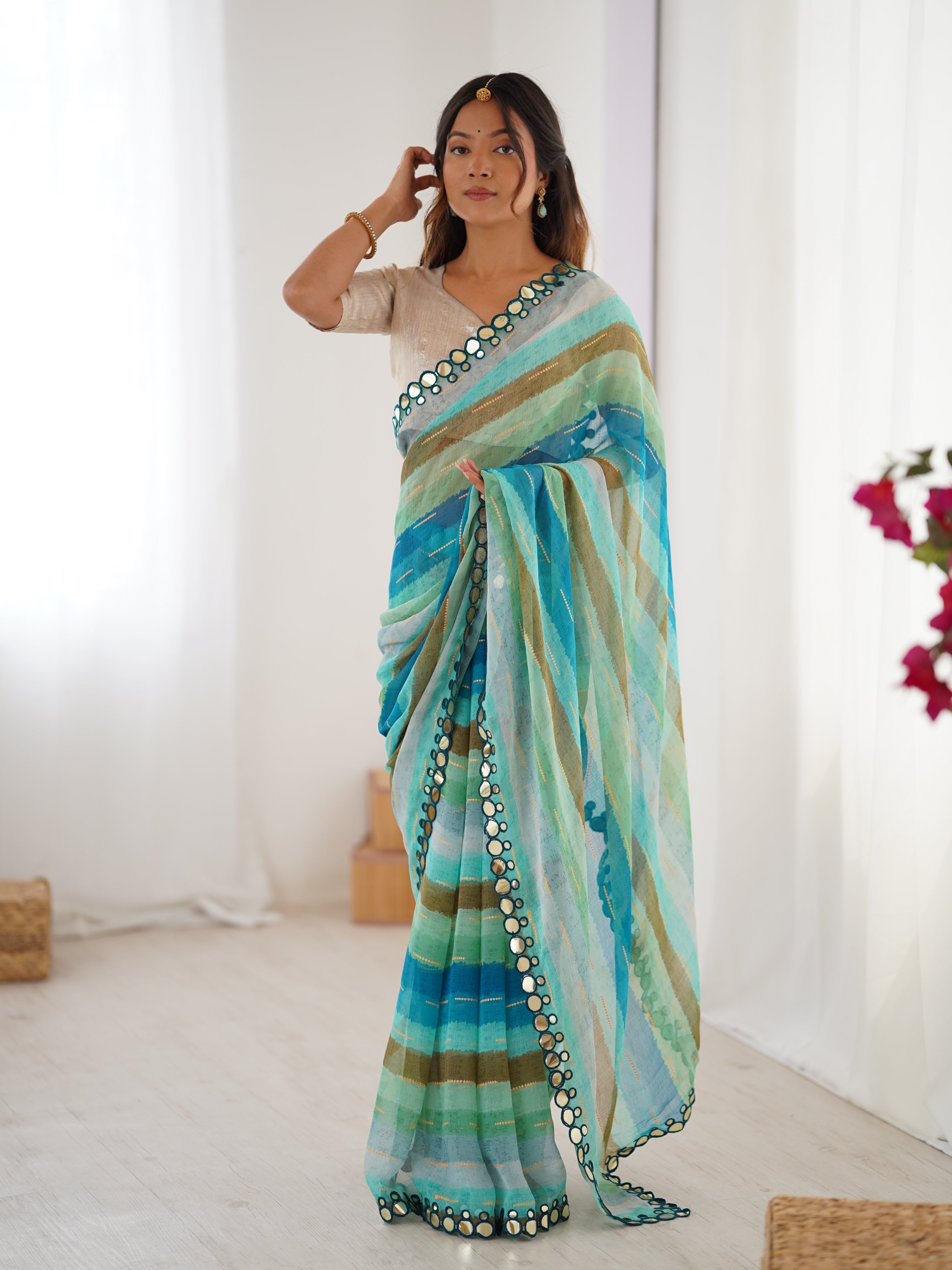 Sky blue Chiffon Leriya Zari printed saree with paper mirror border