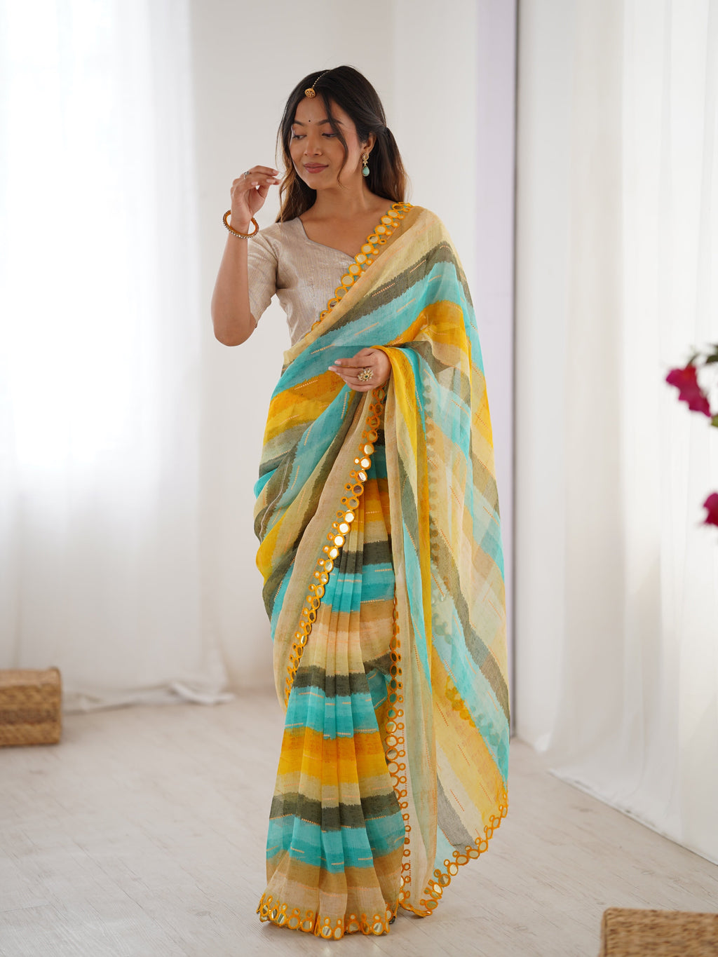 Yellow Chinon Leriya Zari Printed Saree with Mirror Border