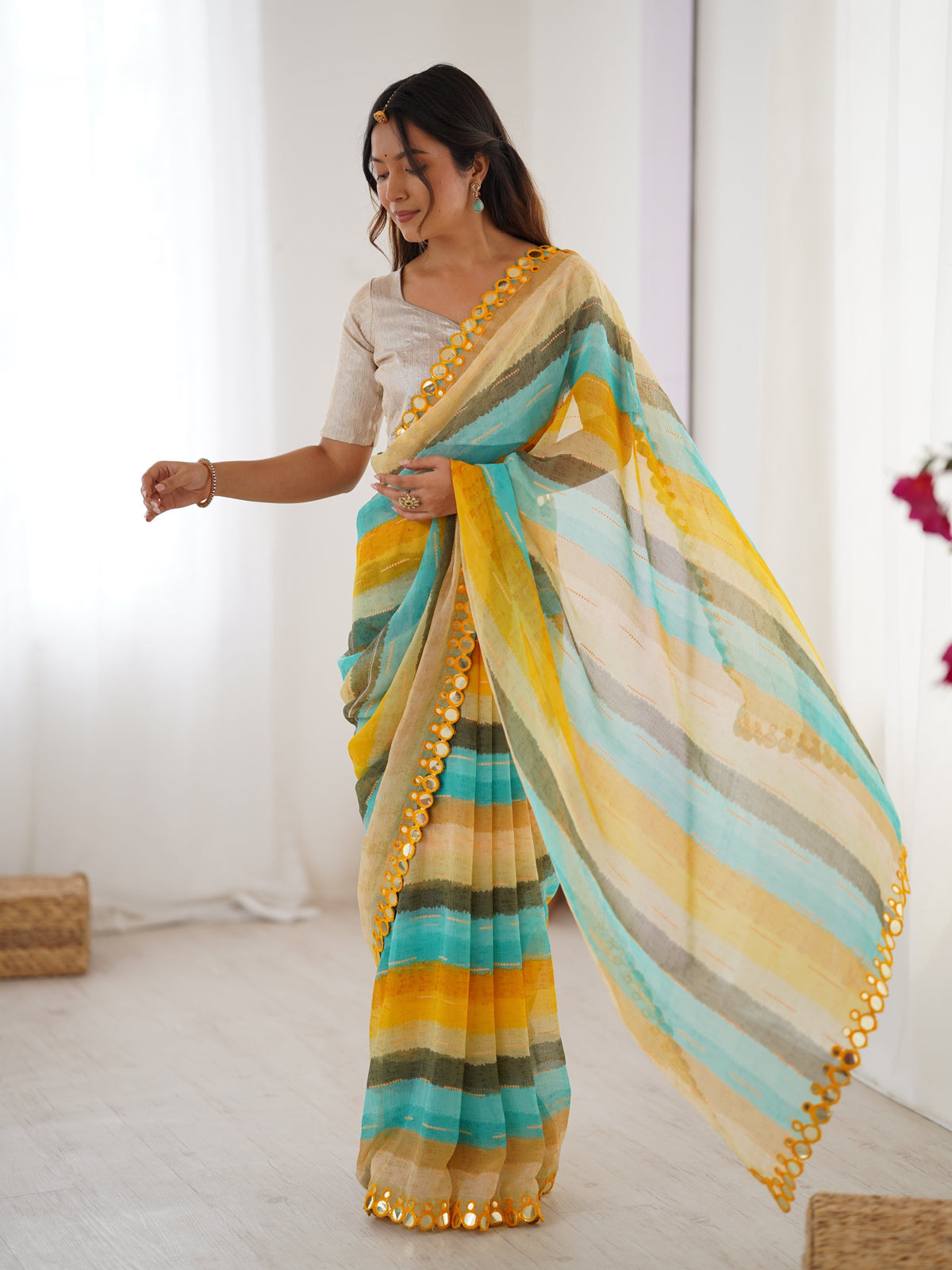 Yellow Chinon Leriya Zari Printed Saree with Mirror Border
