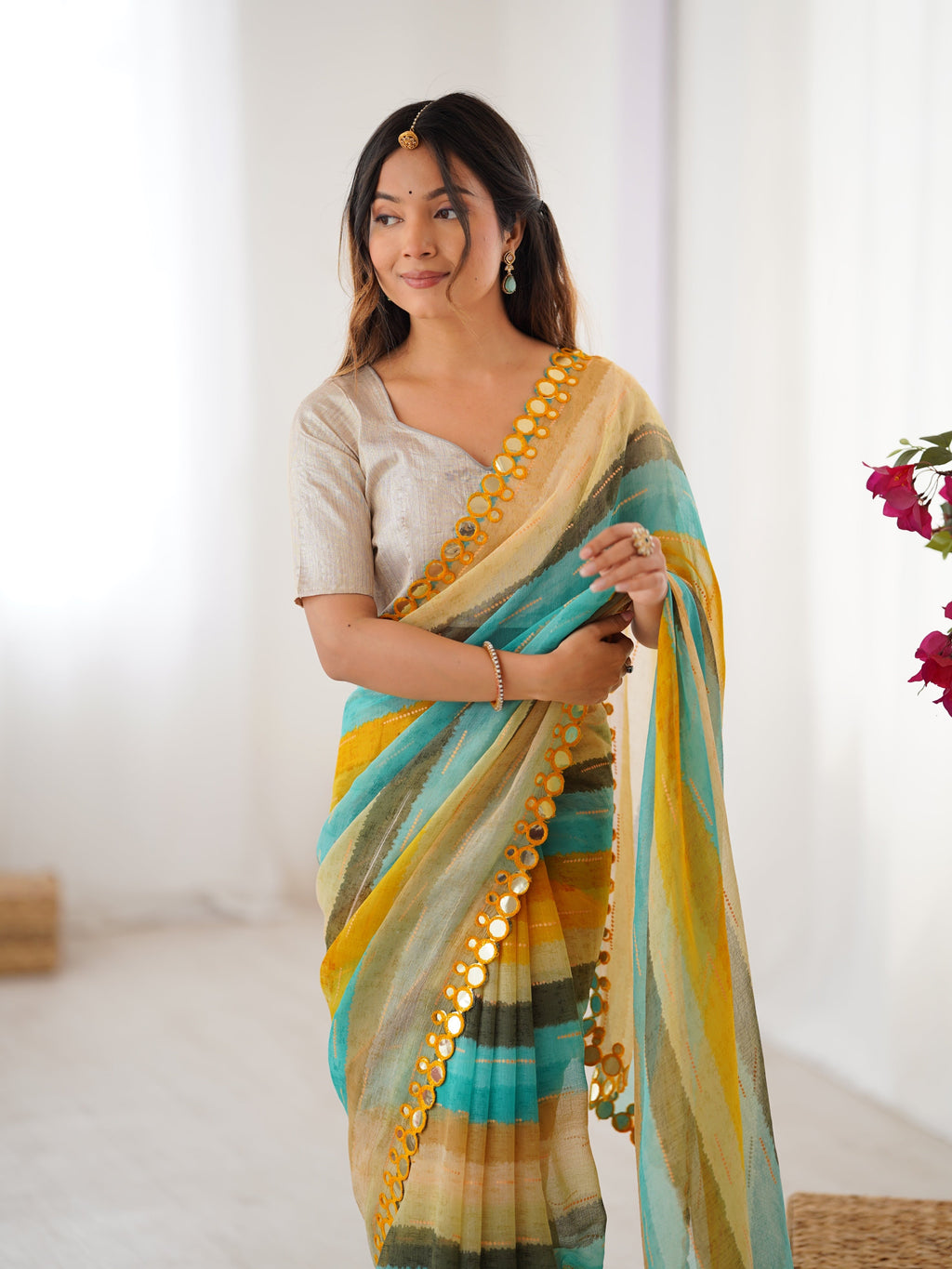 Yellow Chinon Leriya Zari Printed Saree with Mirror Border