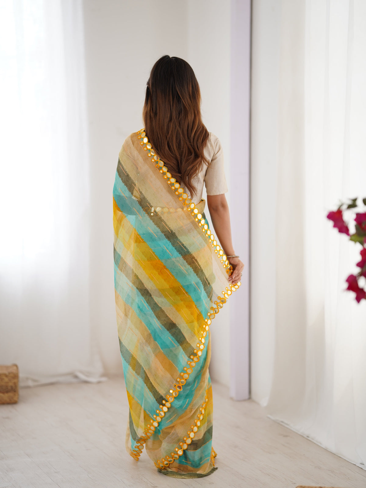 Yellow Chinon Leriya Zari Printed Saree with Mirror Border