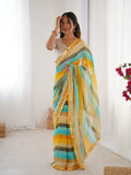 Yellow Chinon Leriya Zari printed saree with paper mirror border detail