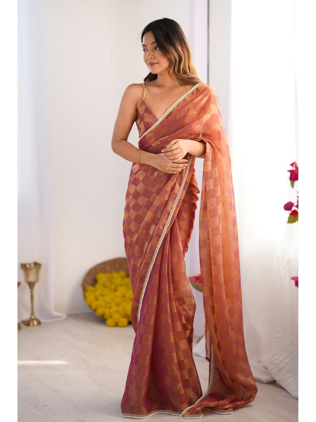 Brown Box Chiffon Designer Saree with Elegant Moti Lace Border