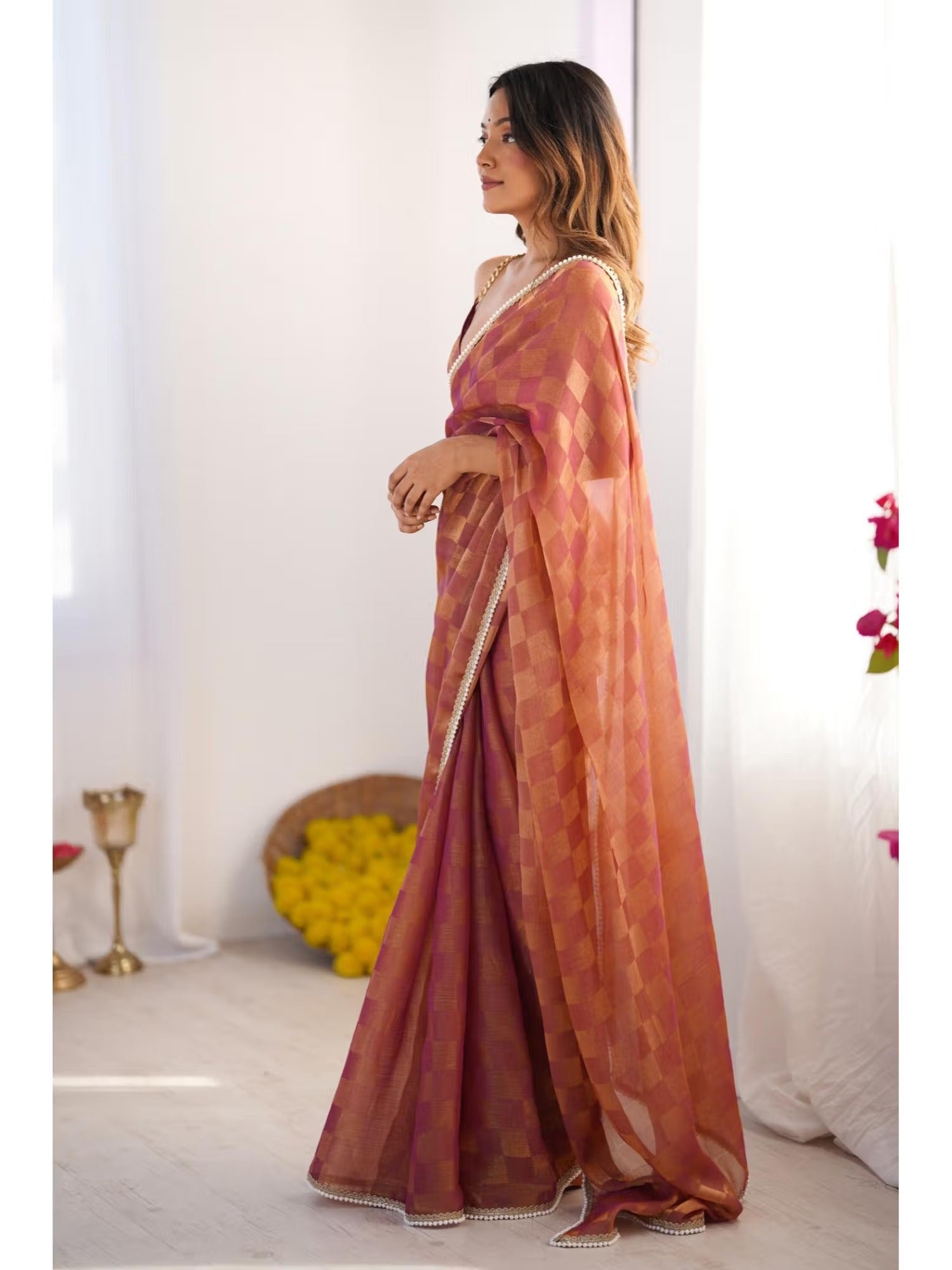 Brown Box Chiffon Designer Saree with Elegant Moti Lace Border