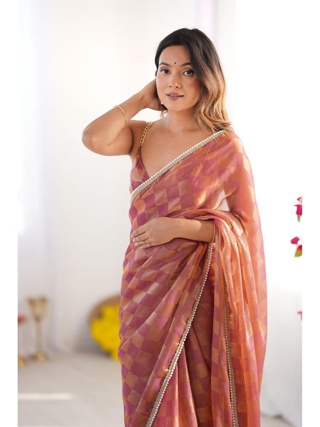 Brown Box Chiffon Designer Saree with Elegant Moti Lace Border