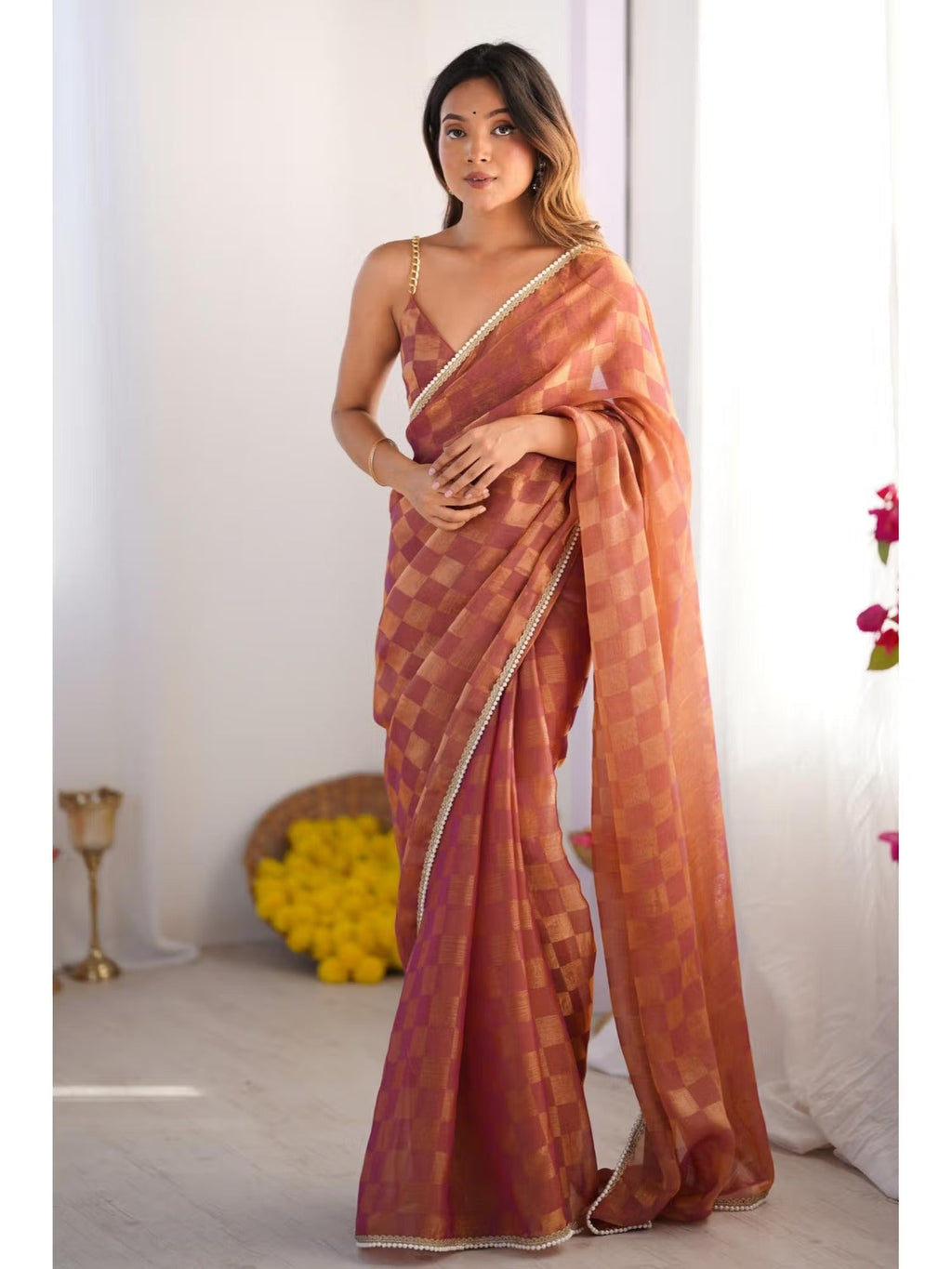 Brown Box Chiffon Designer Saree with Elegant Moti Lace Border