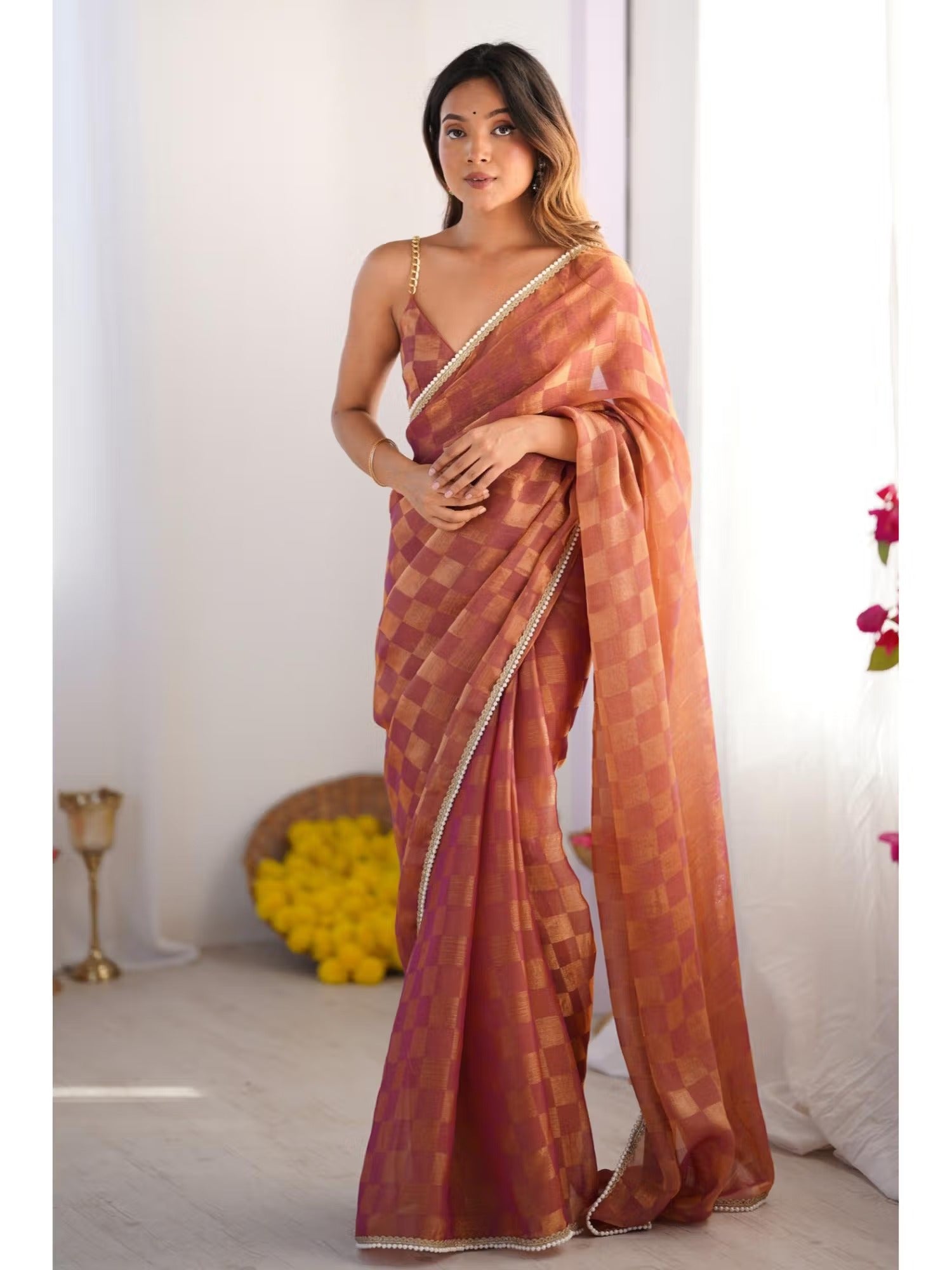 Brown Box Chiffon Designer Saree with Elegant Moti Lace Border