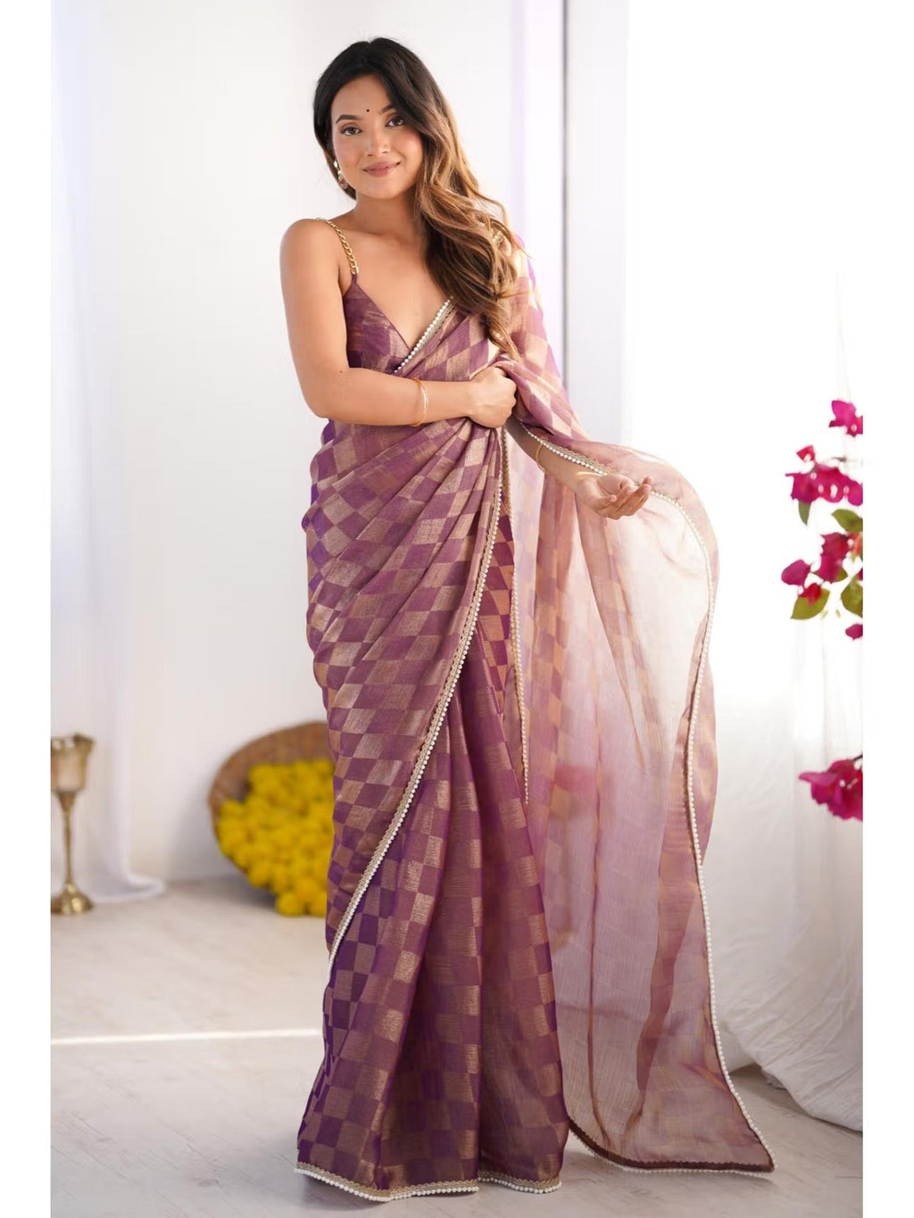 Purple Box Chiffon Designer Saree with Moti Lace Border