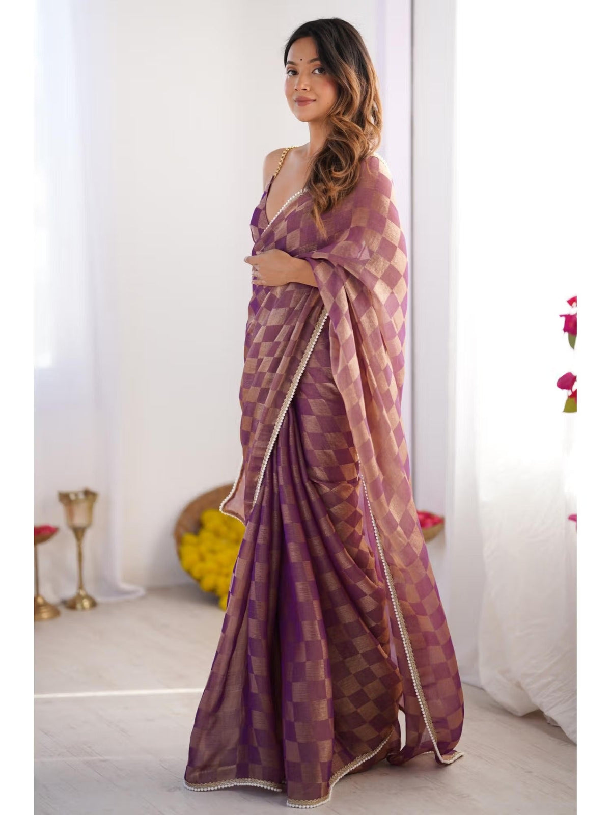 Purple Box Chiffon Designer Saree with Moti Lace Border