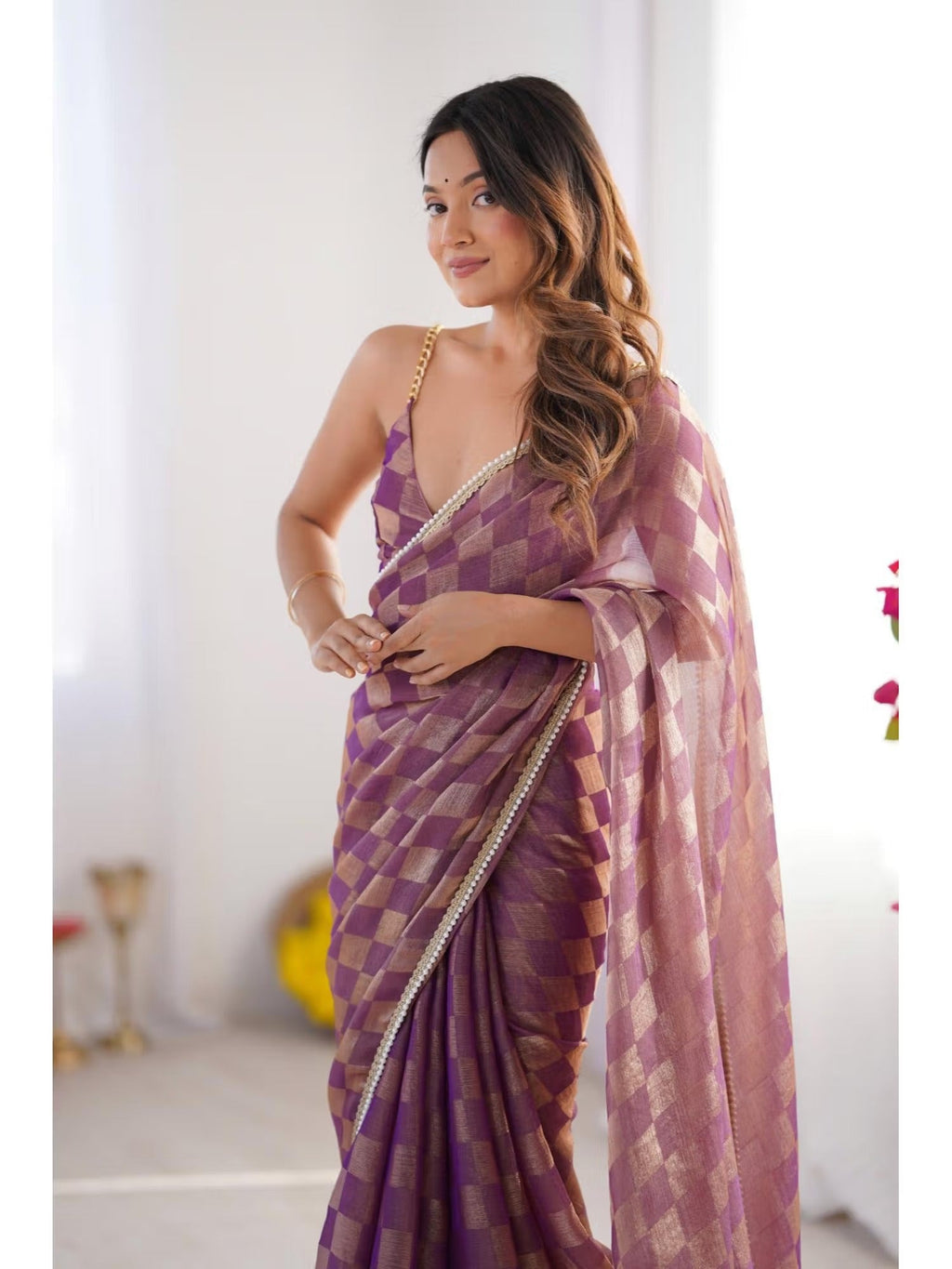 Purple Box Chiffon Designer Saree with Moti Lace Border