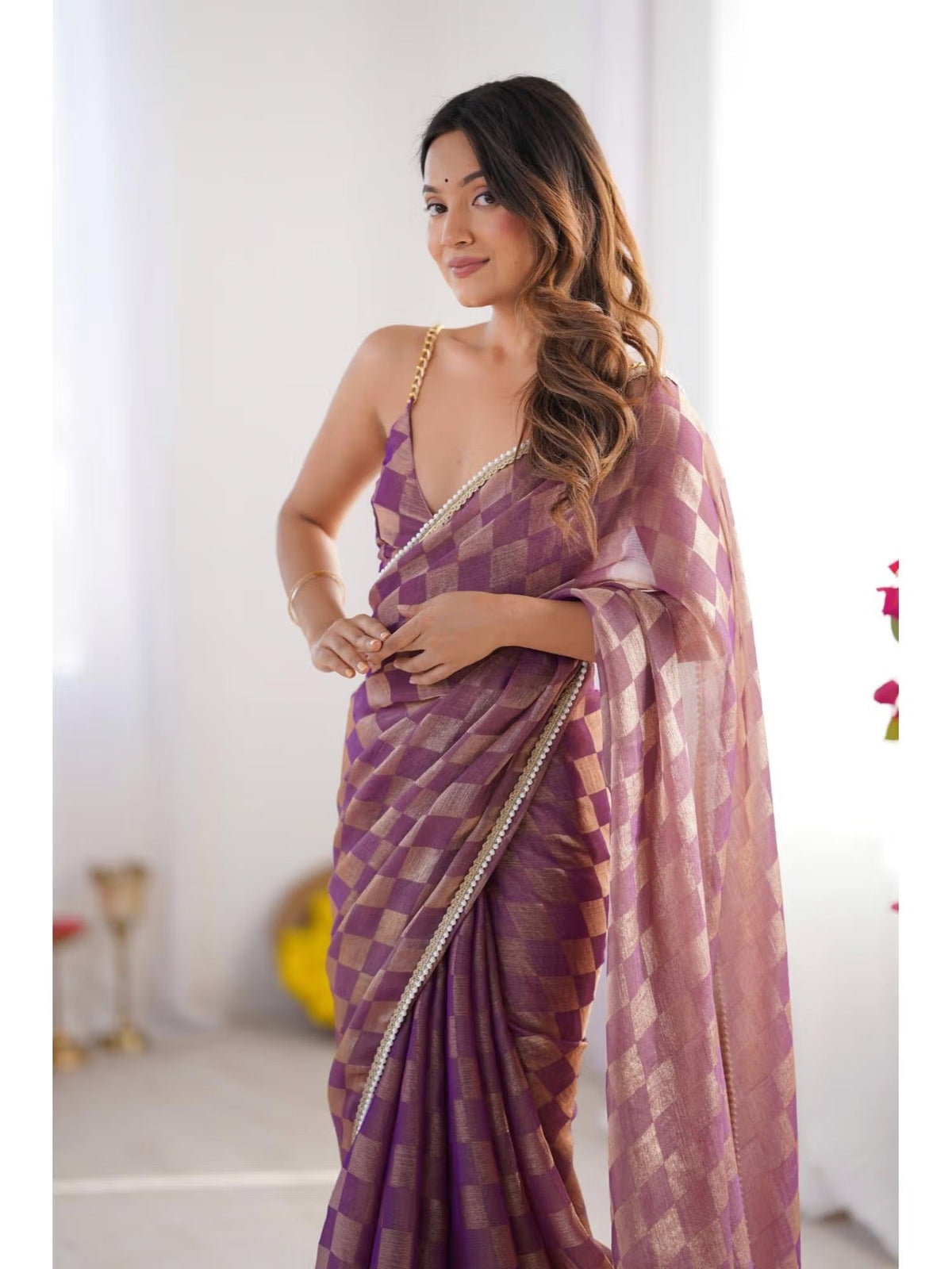 Purple Box Chiffon Designer Saree with Moti Lace Border