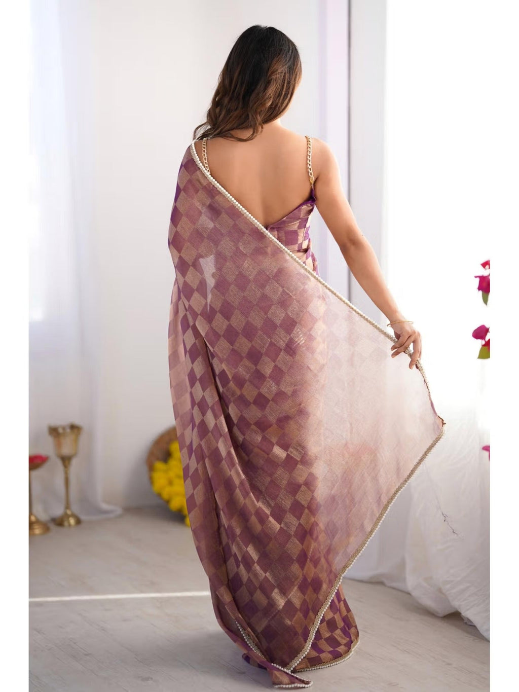 Purple Box Chiffon Designer Saree with Moti Lace Border
